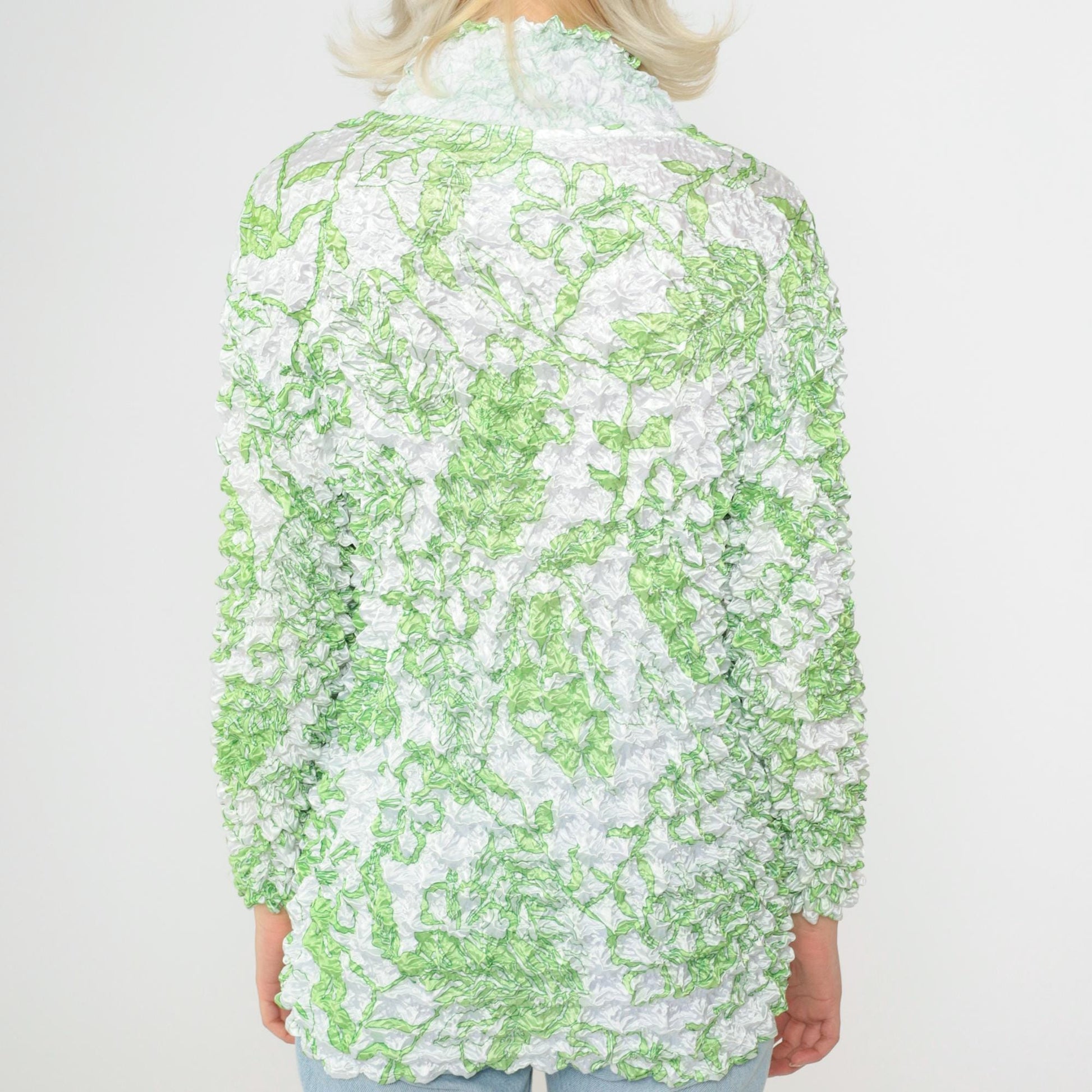 Y2K Tropical Leaf Popcorn Shirt White Green Long Sleeve Button Up Small