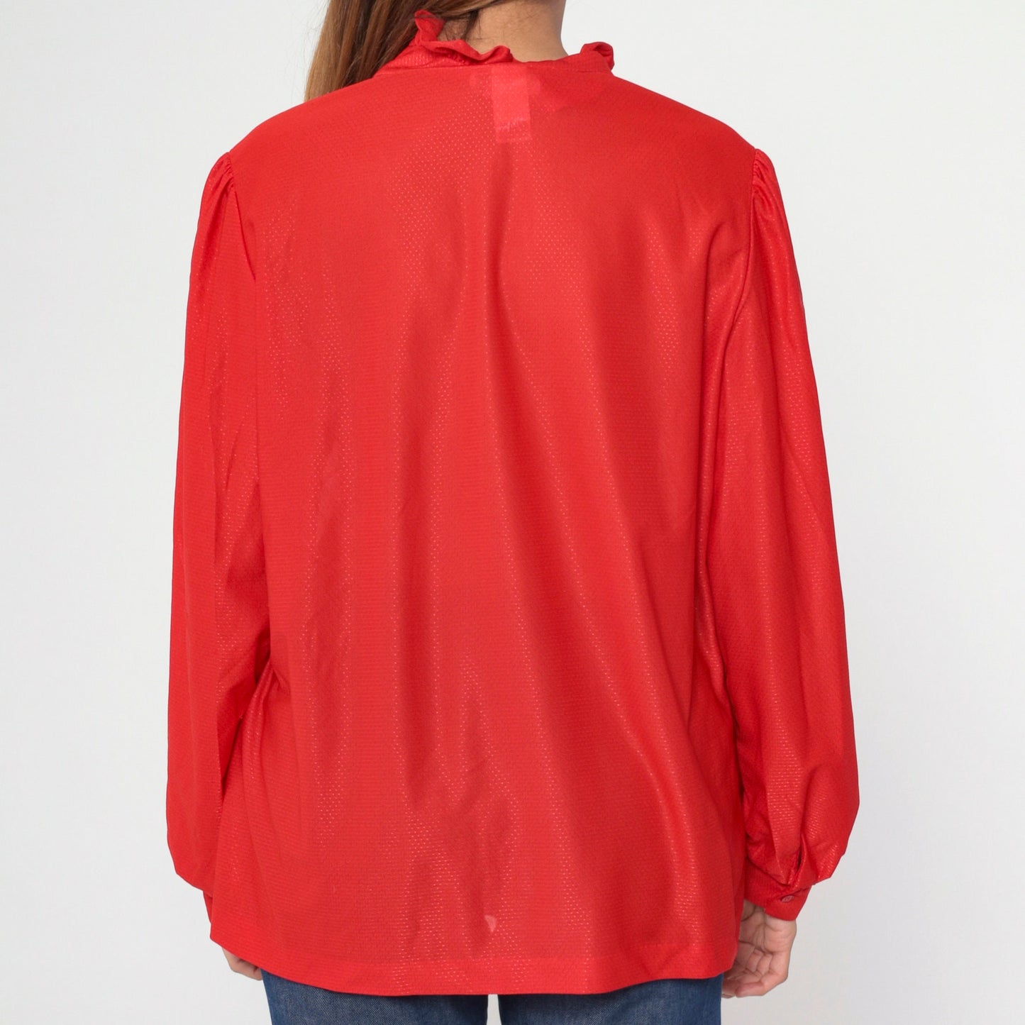 70s Red Puff Sleeve Button-Up Blouse Embossed Dots Ruffled Trim Large