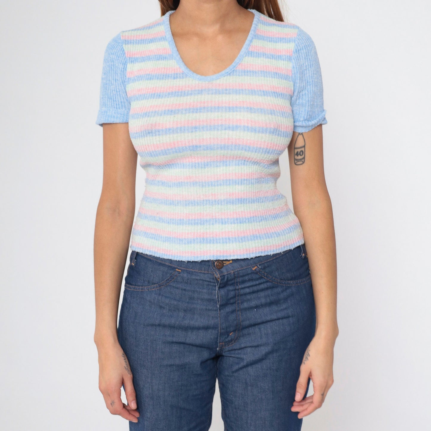 70s Striped Knit Top Pastel Blue Pink Green Ringer Short Sleeve Small