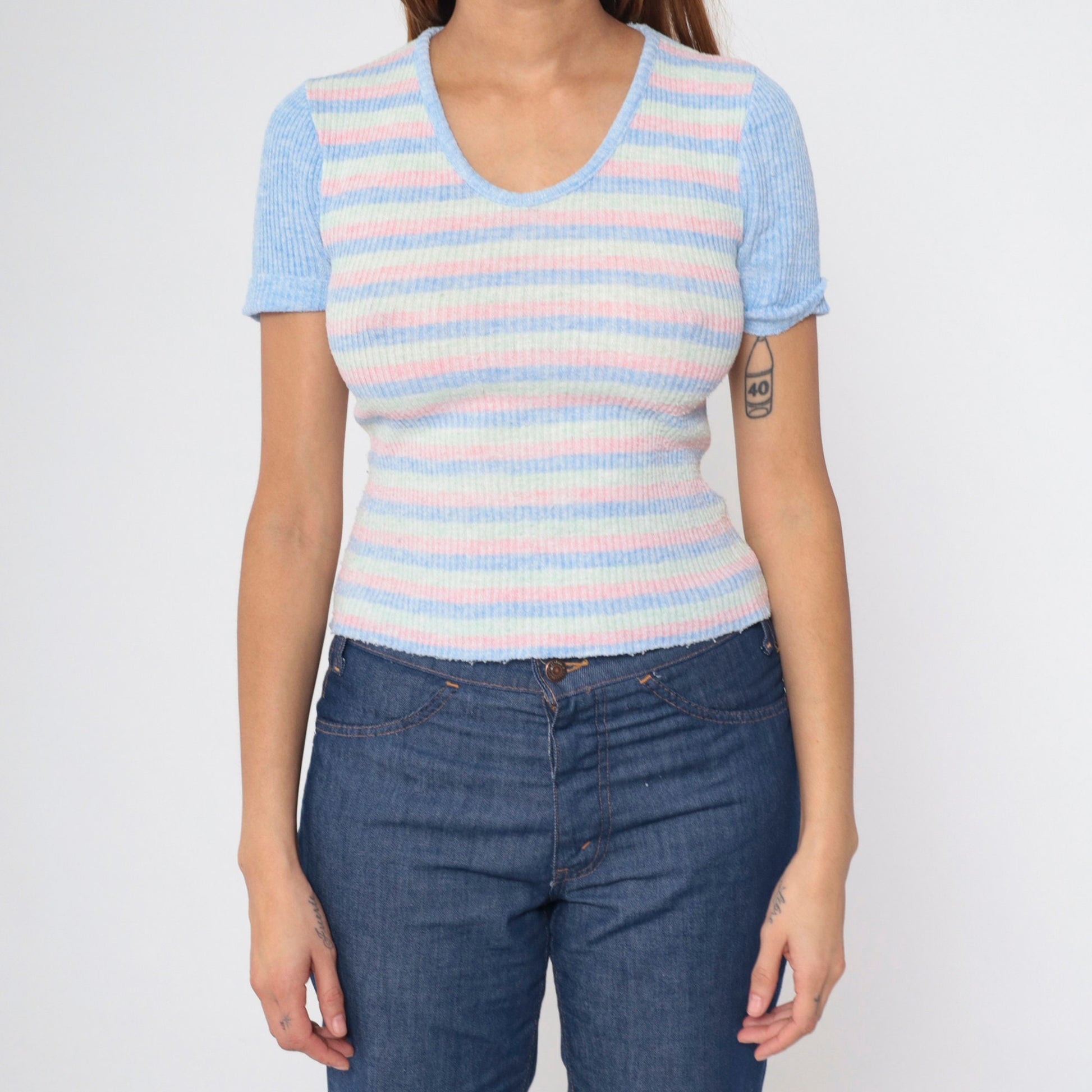 70s Striped Knit Top Pastel Blue Pink Green Ringer Short Sleeve Small