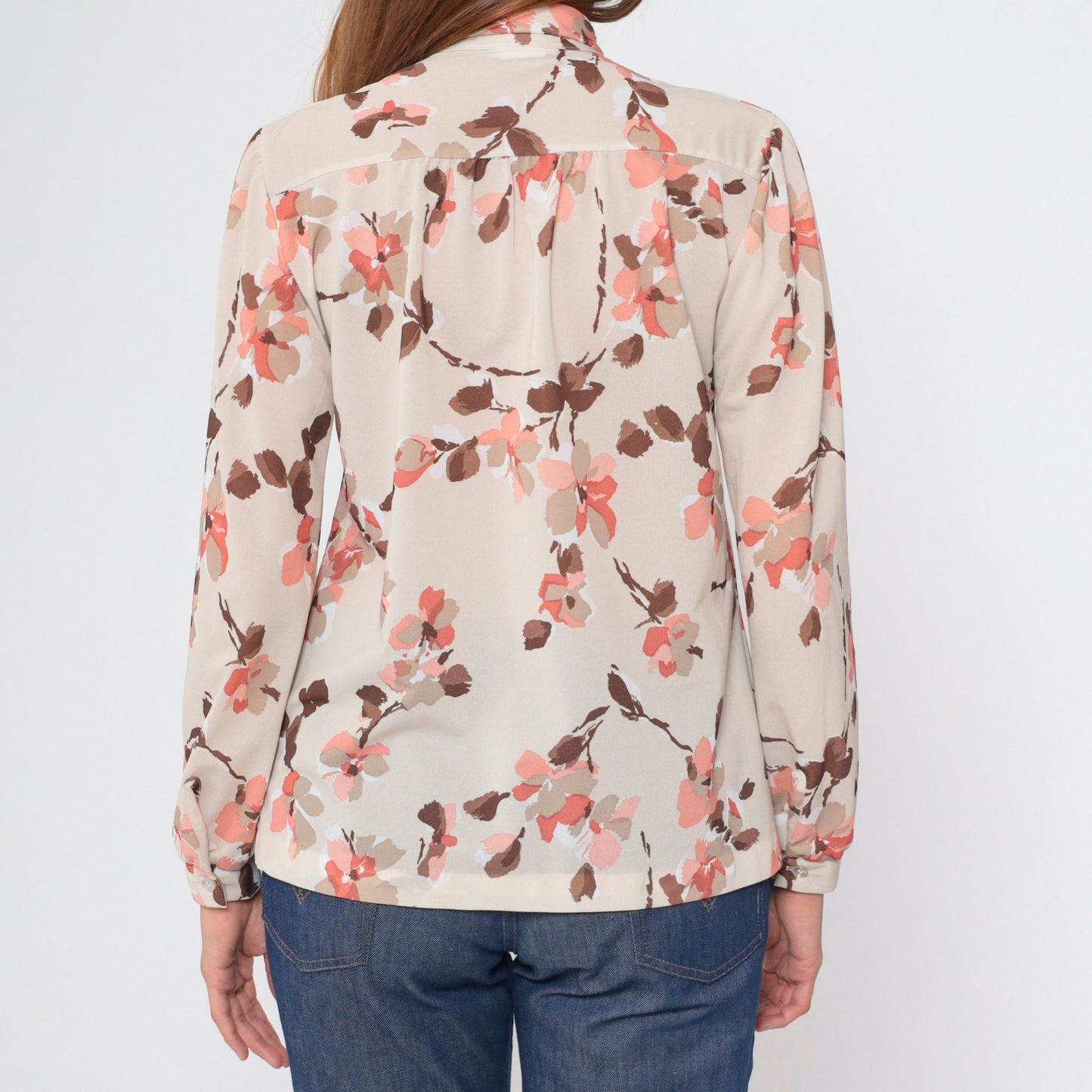 70s Floral Taupe Ascot Blouse Button-Up Long Sleeve Shirt Medium