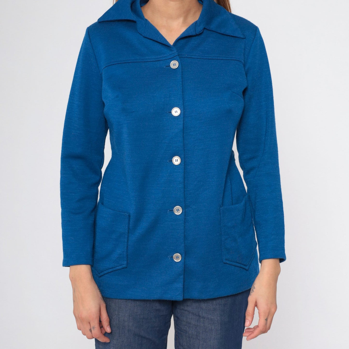 70s Berkshire Wool Blend Button-Up Blouse Dark Blue Pointed Collar Medium