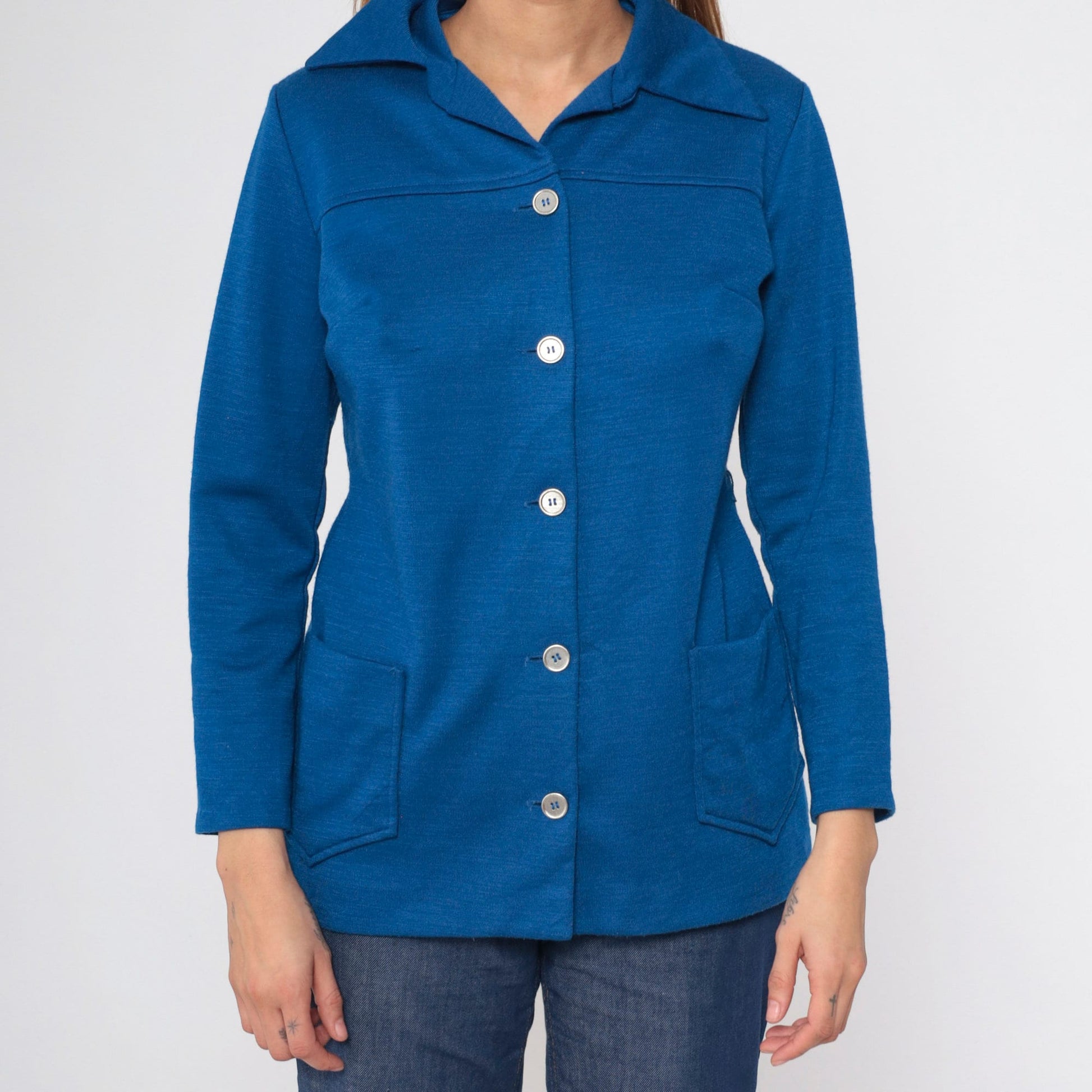 70s Berkshire Wool Blend Button-Up Blouse Dark Blue Pointed Collar Medium