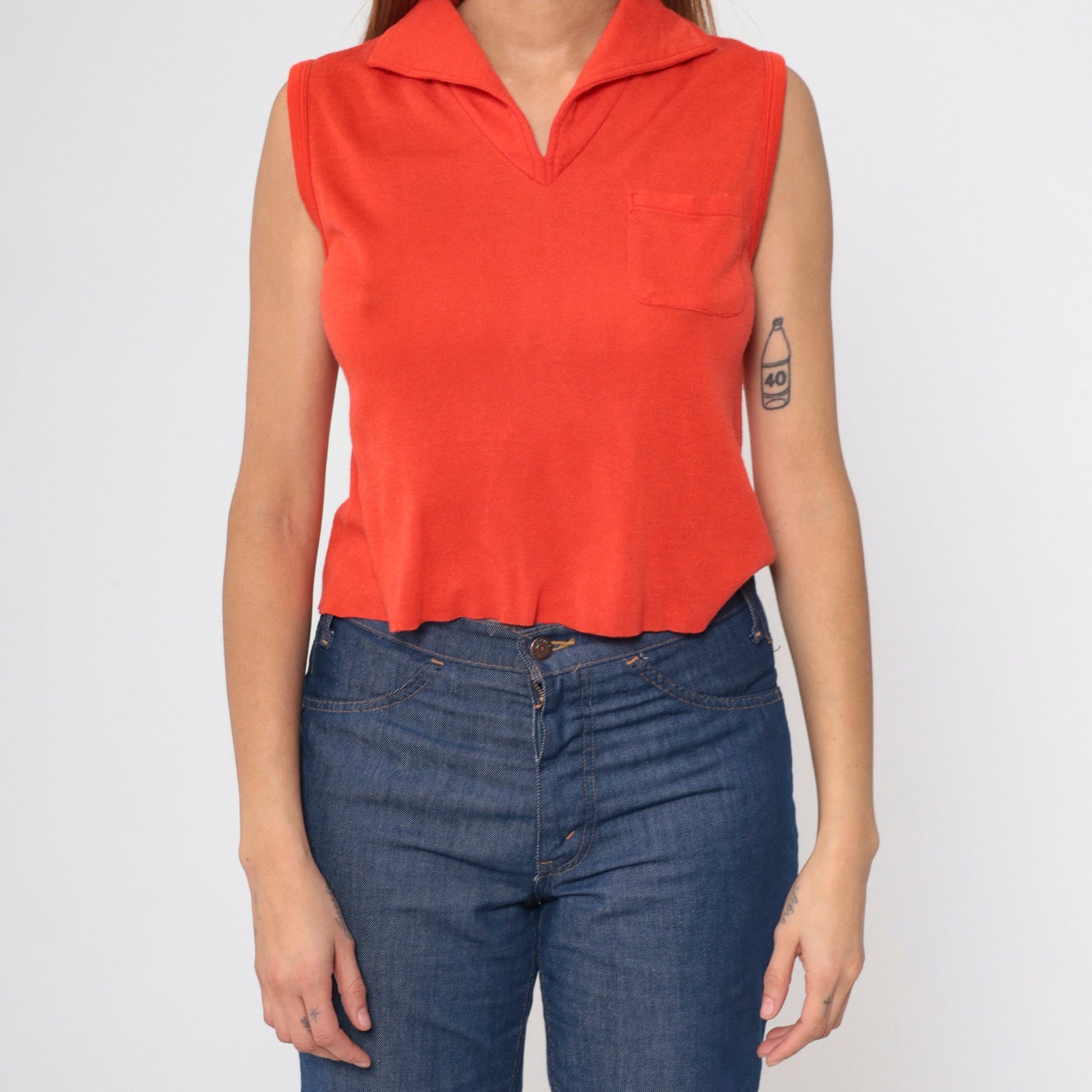 70s Crop Top Bright Red V-Neck Collared Sleeveless Shirt Small