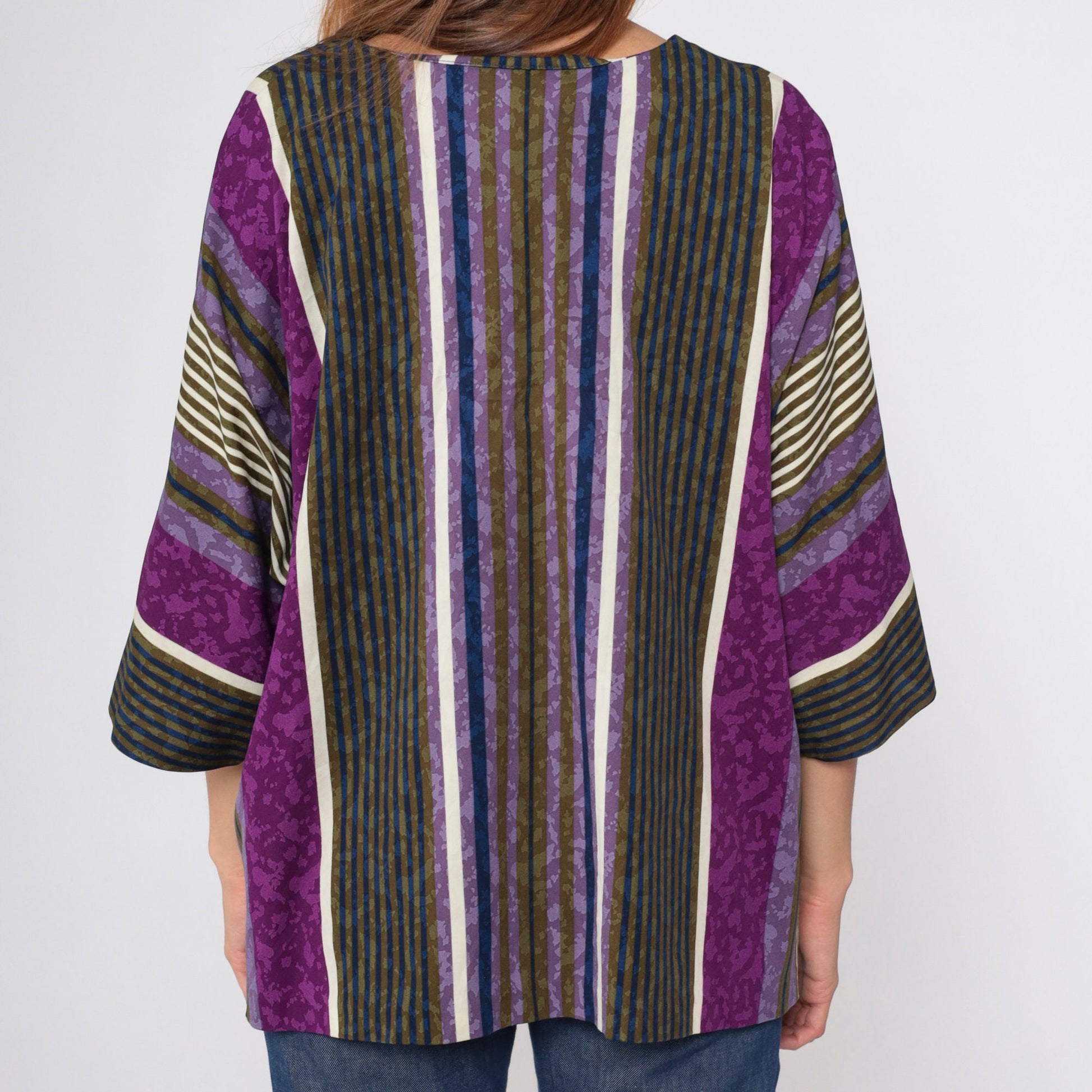 80s Top Notch Striped Tunic Purple Blue Olive 3/4 Sleeve Plus Size XXL