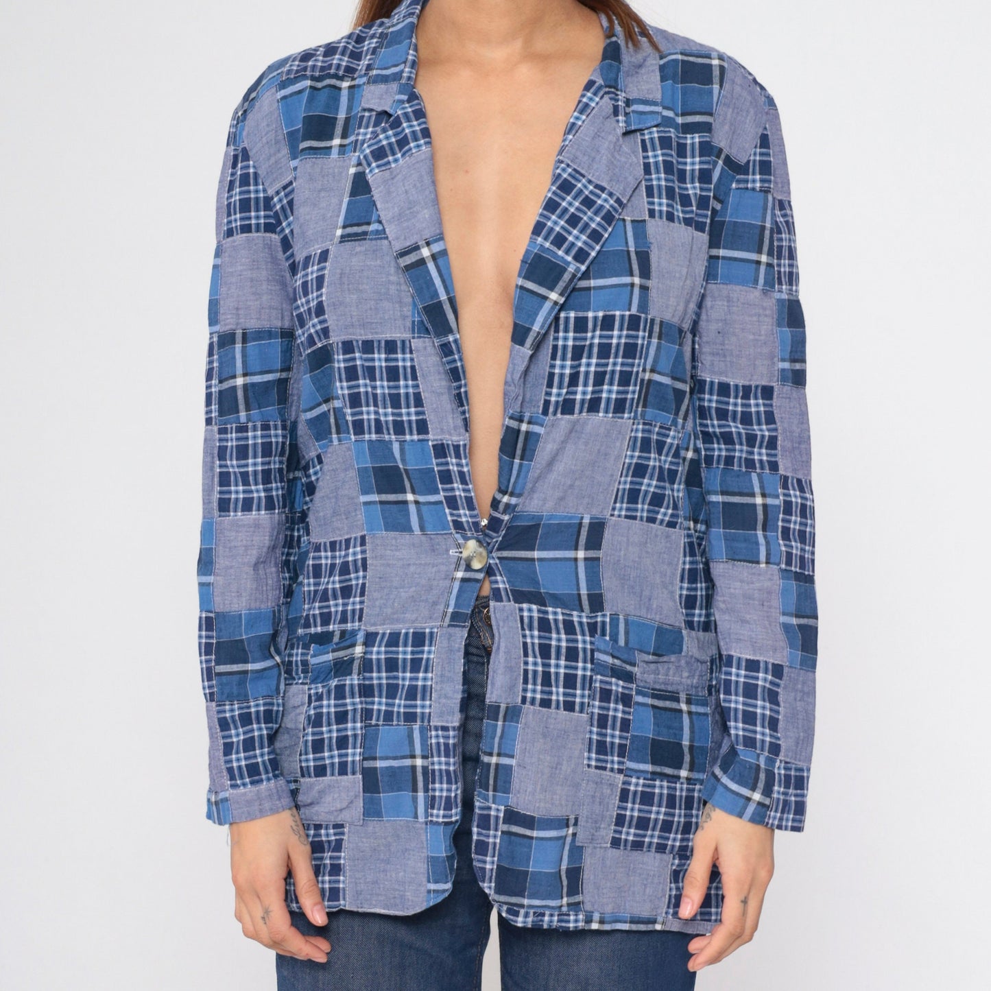 80s Clio Patchwork Plaid Blazer Blue Chambray V-Neck Button-Up Small