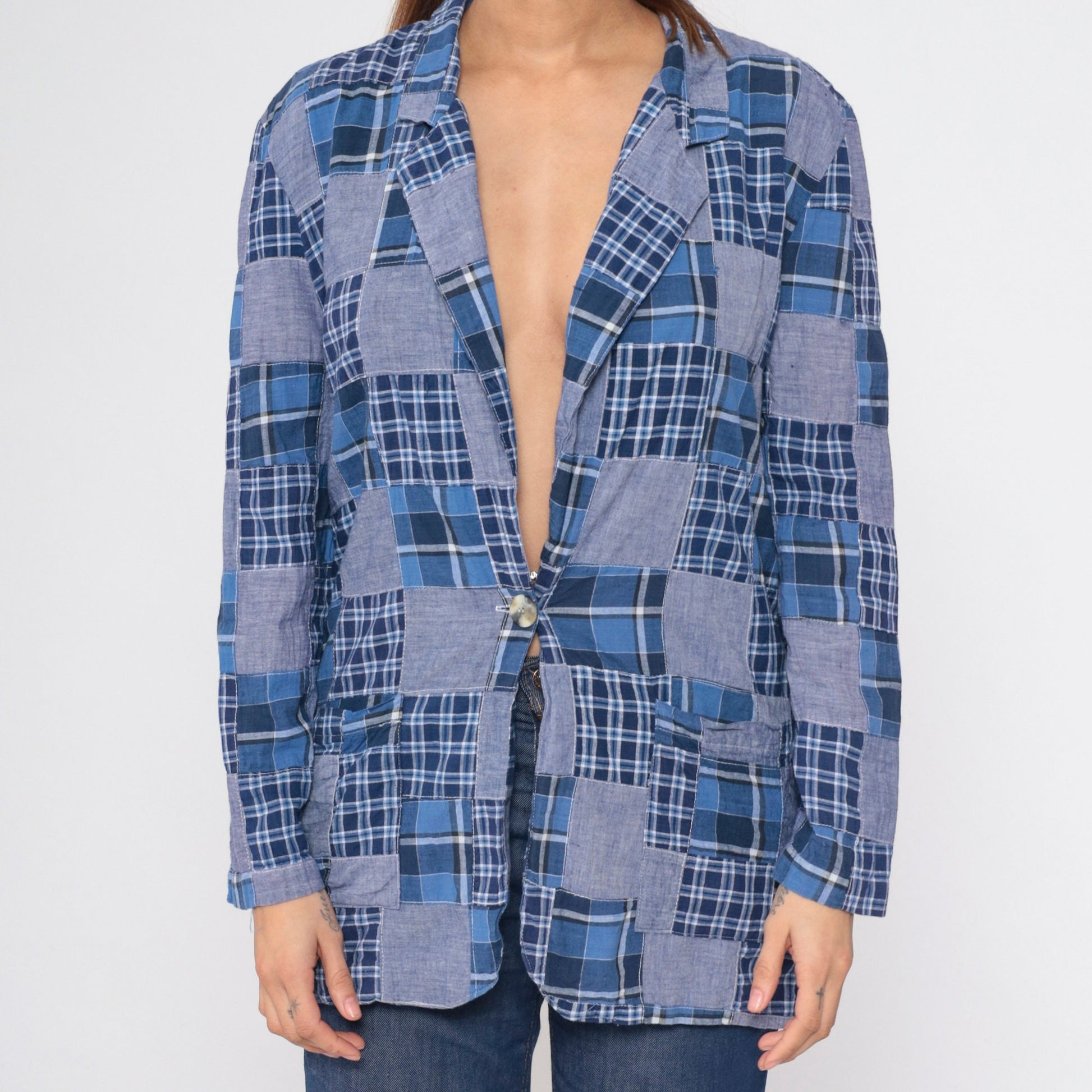 80s Clio Patchwork Plaid Blazer Blue Chambray V-Neck Button-Up Small