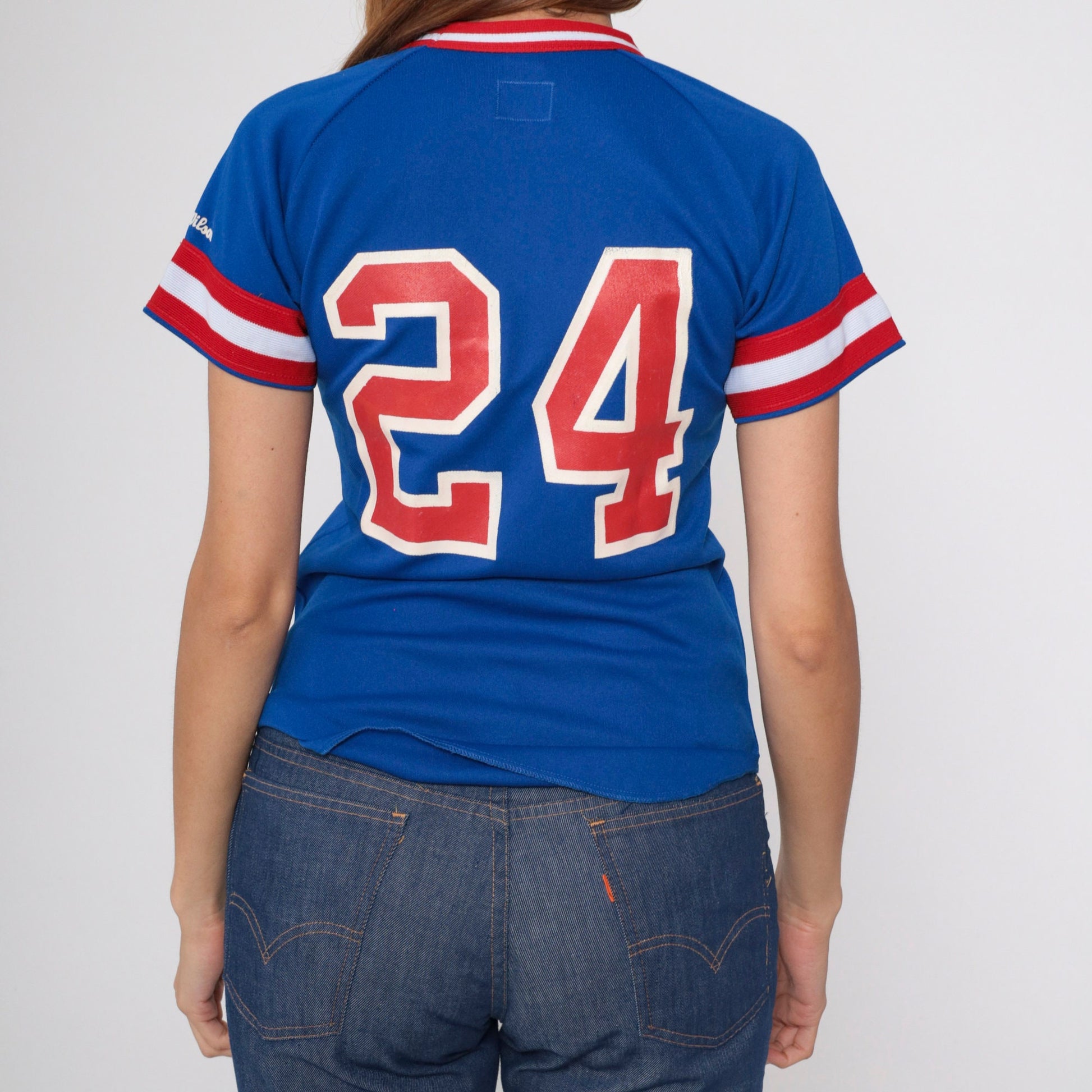 80s Wilson Arrows Baseball Jersey #24 Blue Red White Striped Ringer Youth Medium