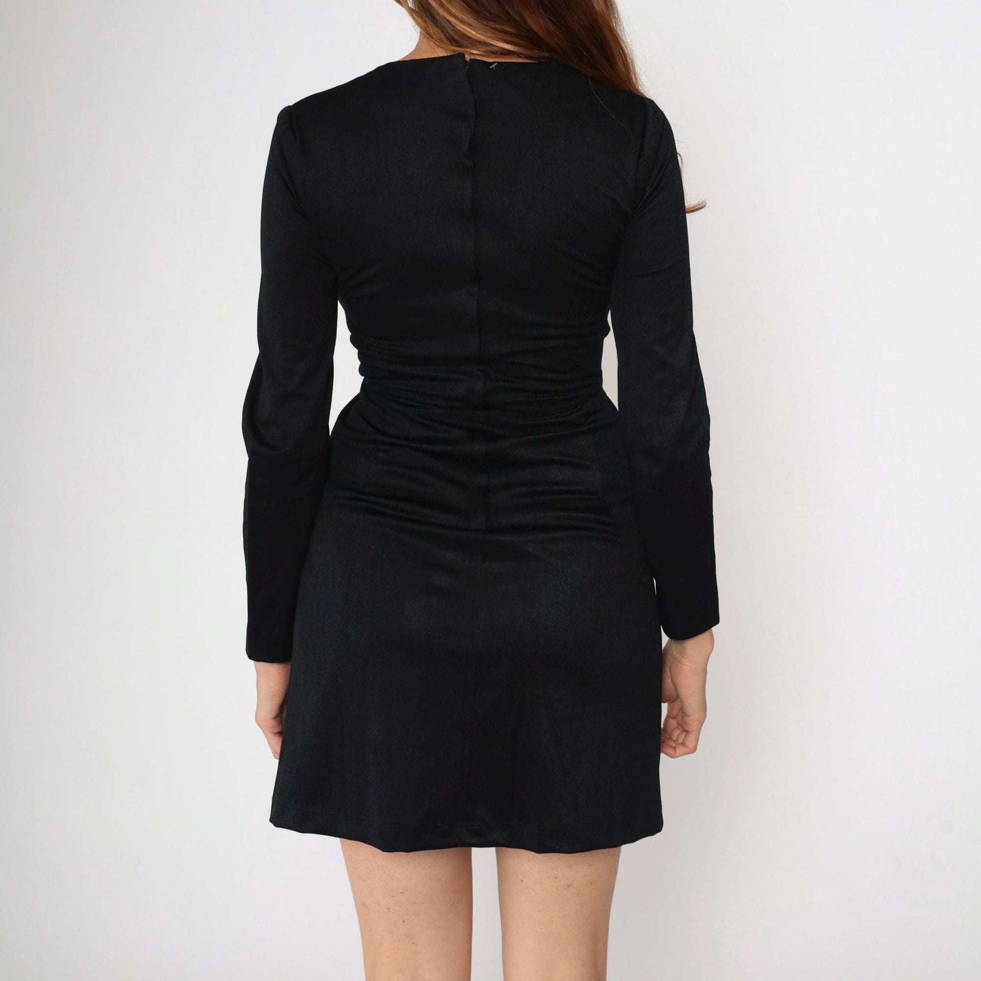 70s Black Sequin Babydoll Mini Dress Empire Waist V Neck Long Sleeve Small