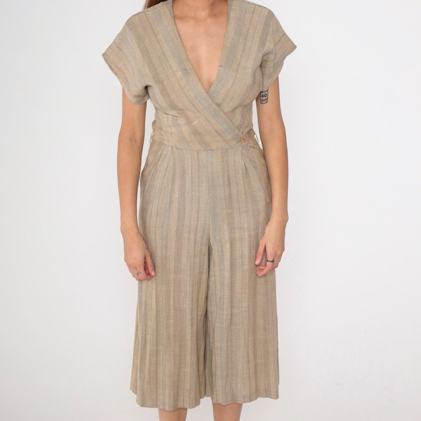 80s Pantasia Taupe Striped Wrap Jumpsuit Wide Leg V-Neck Small