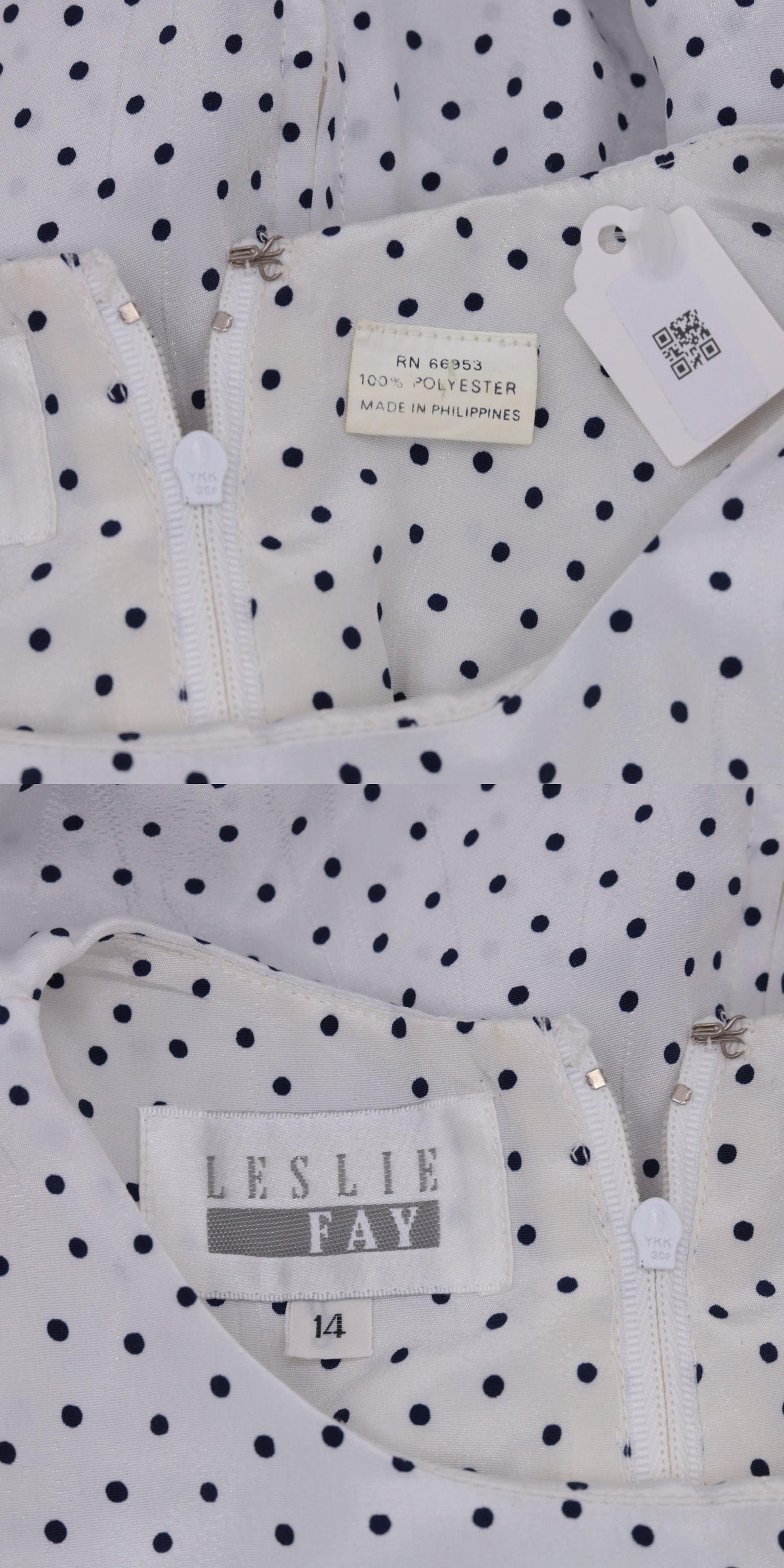 80s Leslie Fay Polka Dot Knee-Length Dress Navy White High-Waisted Medium