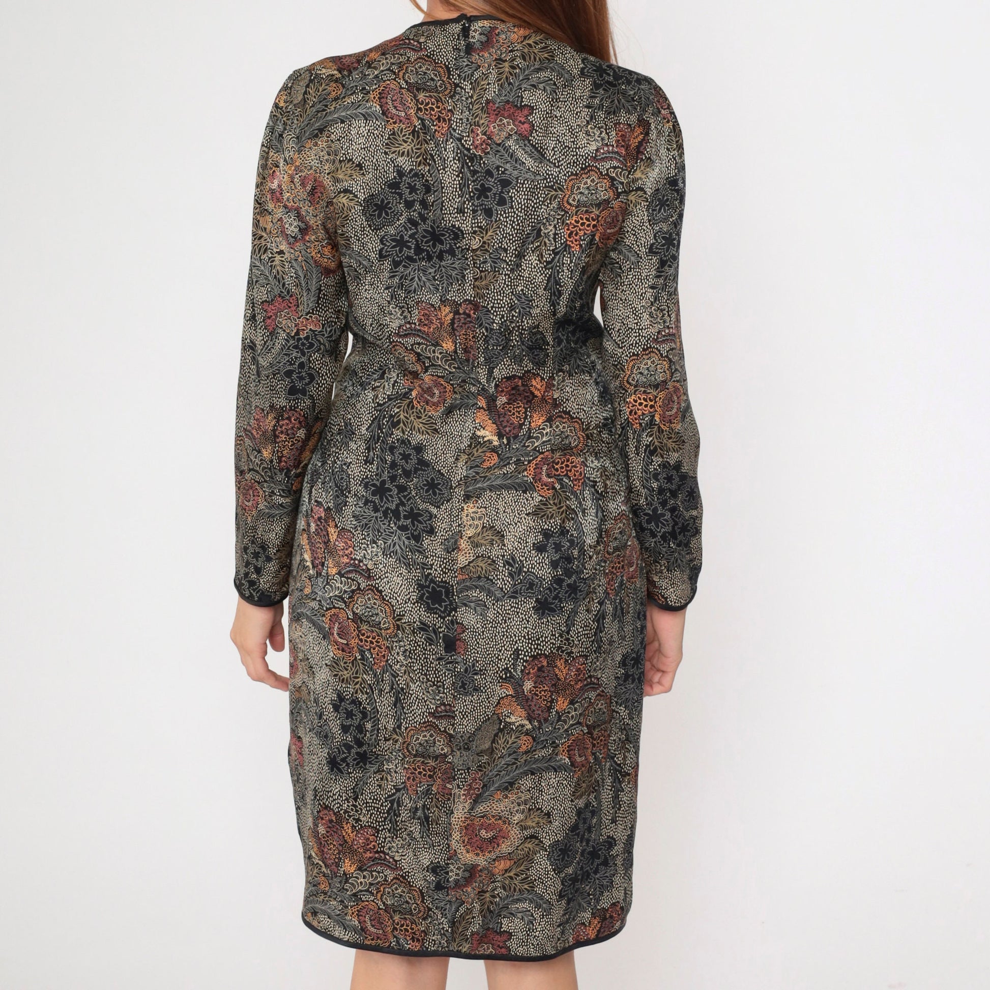 90s Silk Wrap Dress Floral Print V-Neck Long Sleeve Knee Length Black Medium
