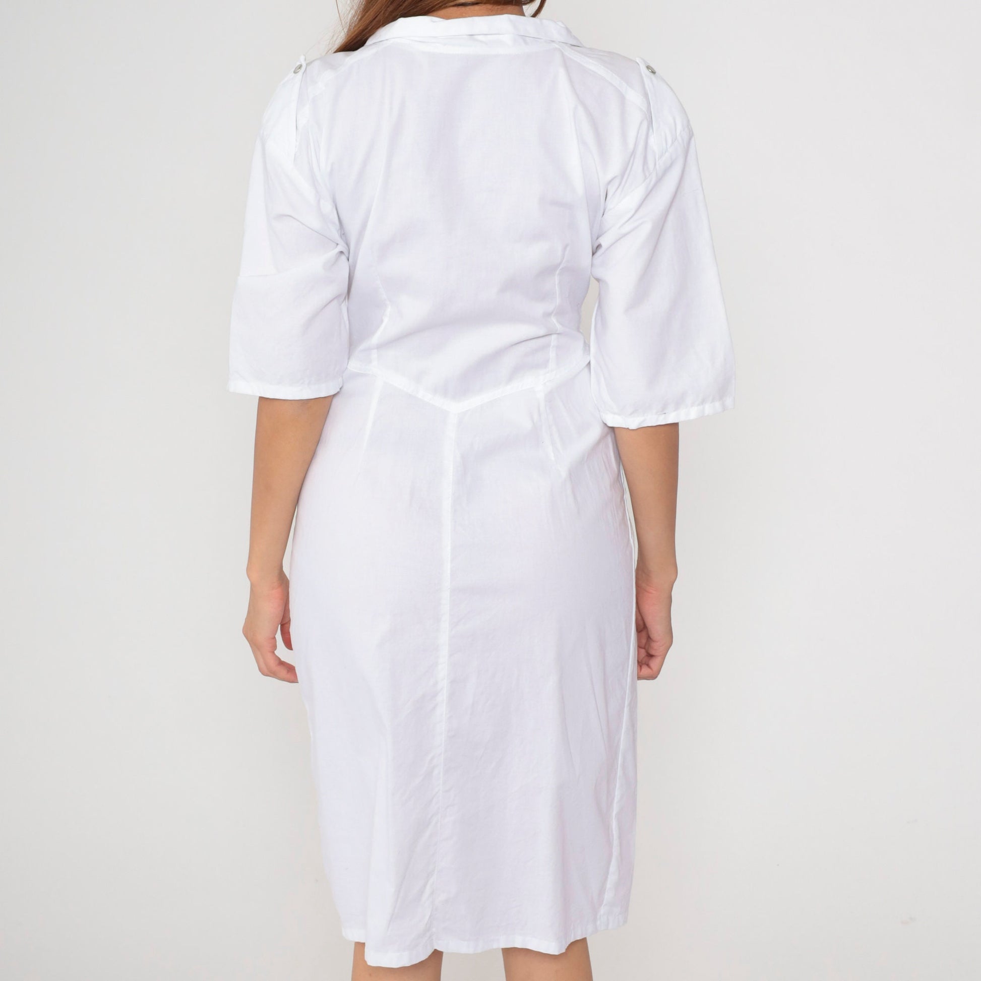 80s White Cotton Midi Dress Notched Collar Pearl Snap Diamond Inset Small
