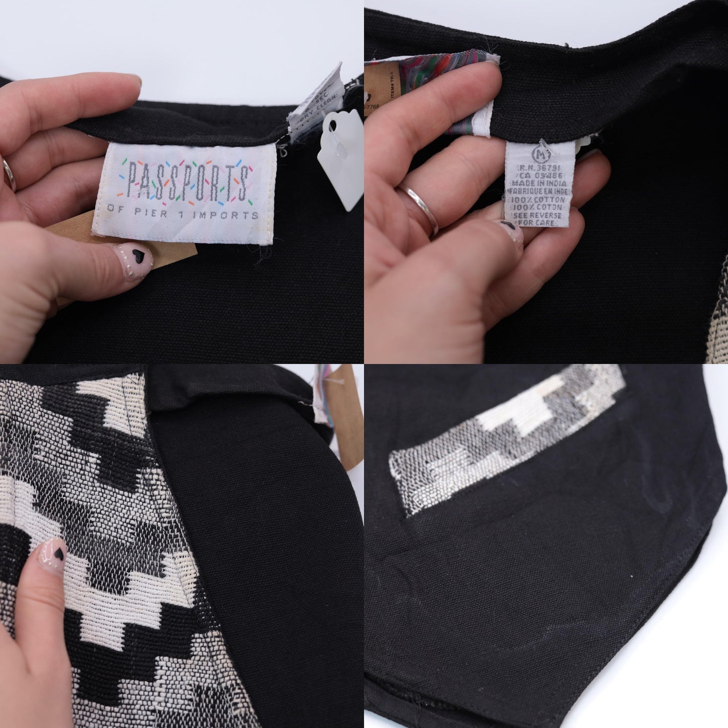 90s Southwestern Tapestry Vest Fringe Trim Black White Geometric Button Up Medium