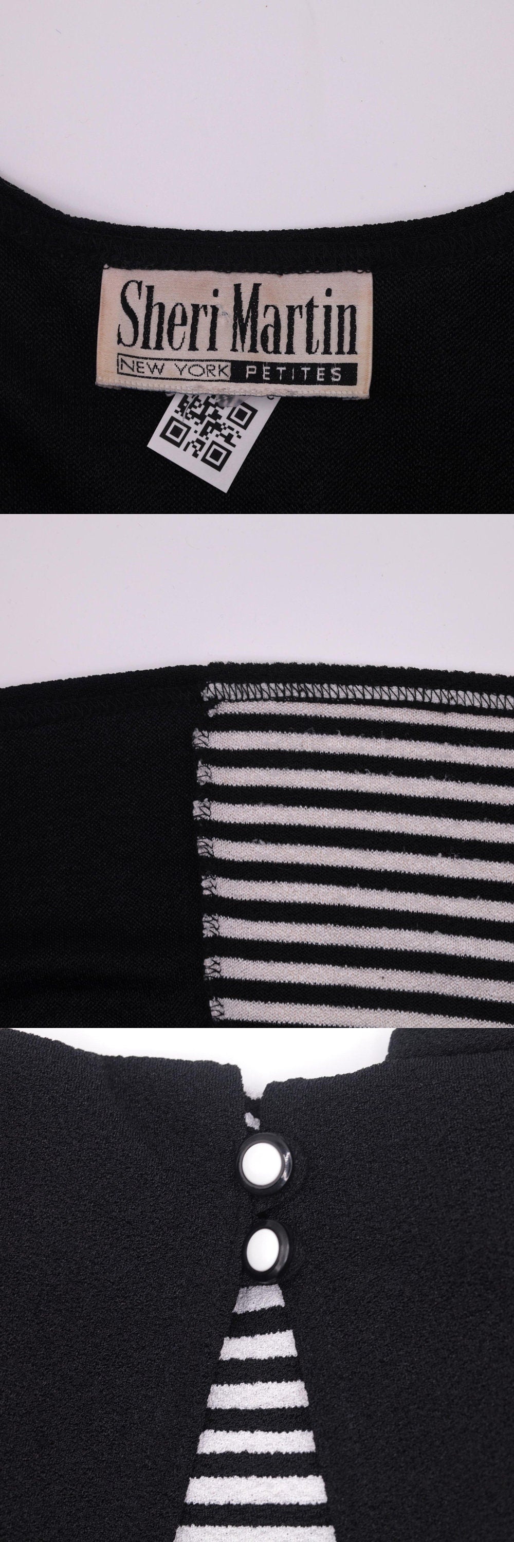 90s Black Striped Knit Dress Button Front V-Neck Short Sleeve Medium