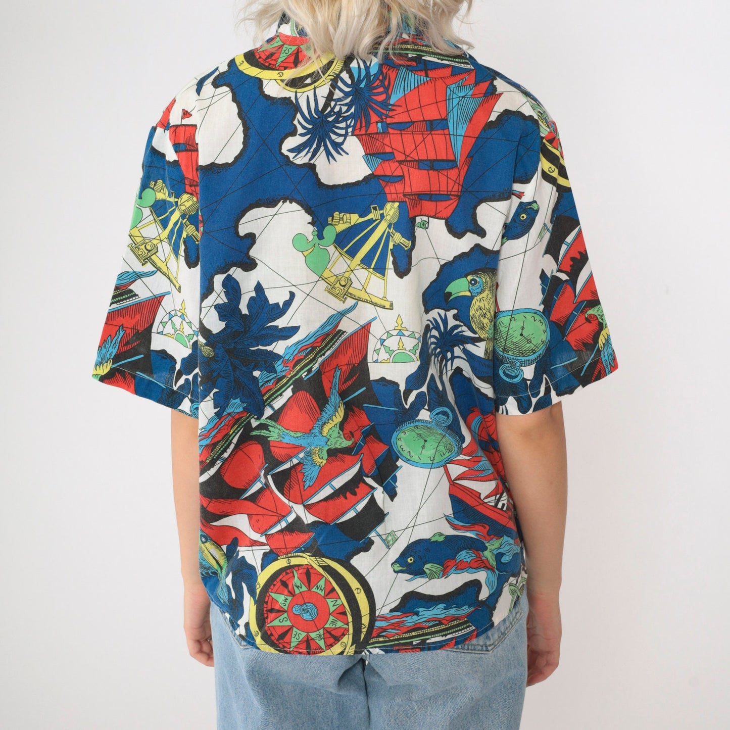 90s Nautical Print Button-Up Shirt Compass Parrot Globe Map Short Sleeve Large