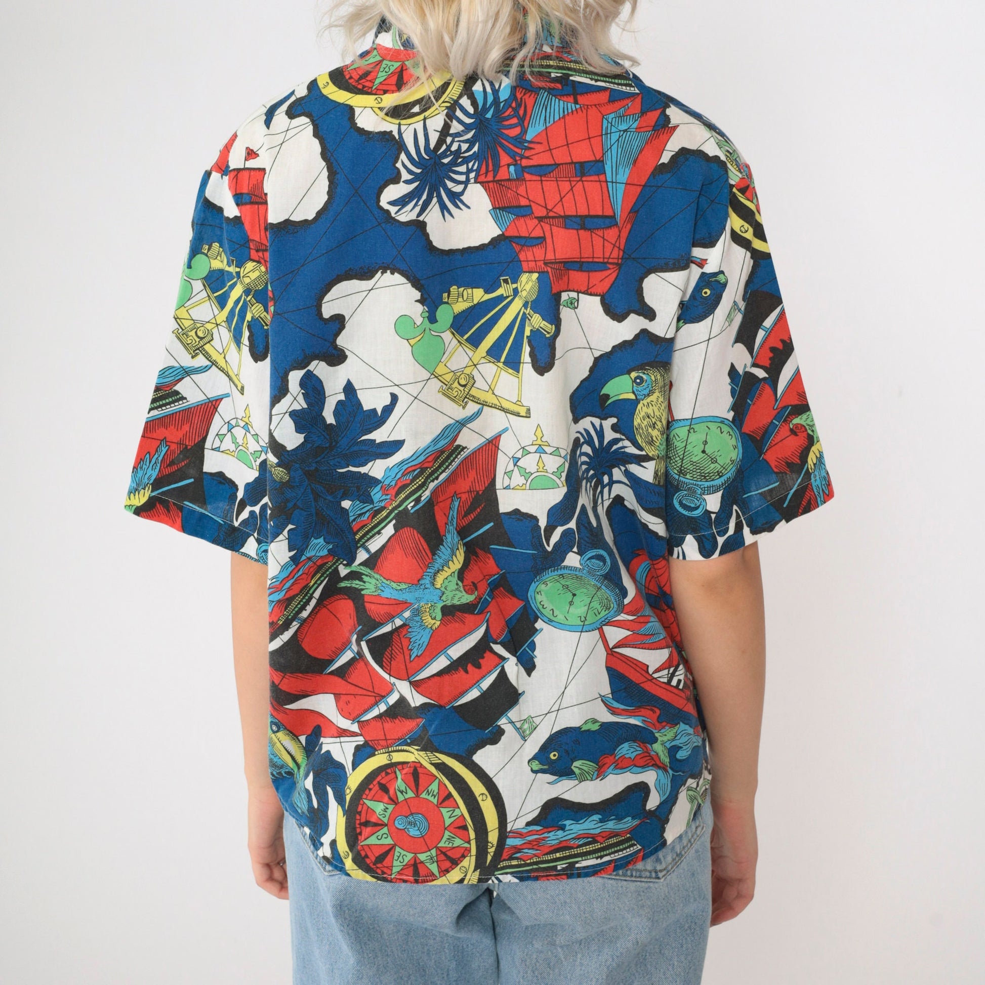90s Nautical Print Button-Up Shirt Compass Parrot Globe Map Short Sleeve Large