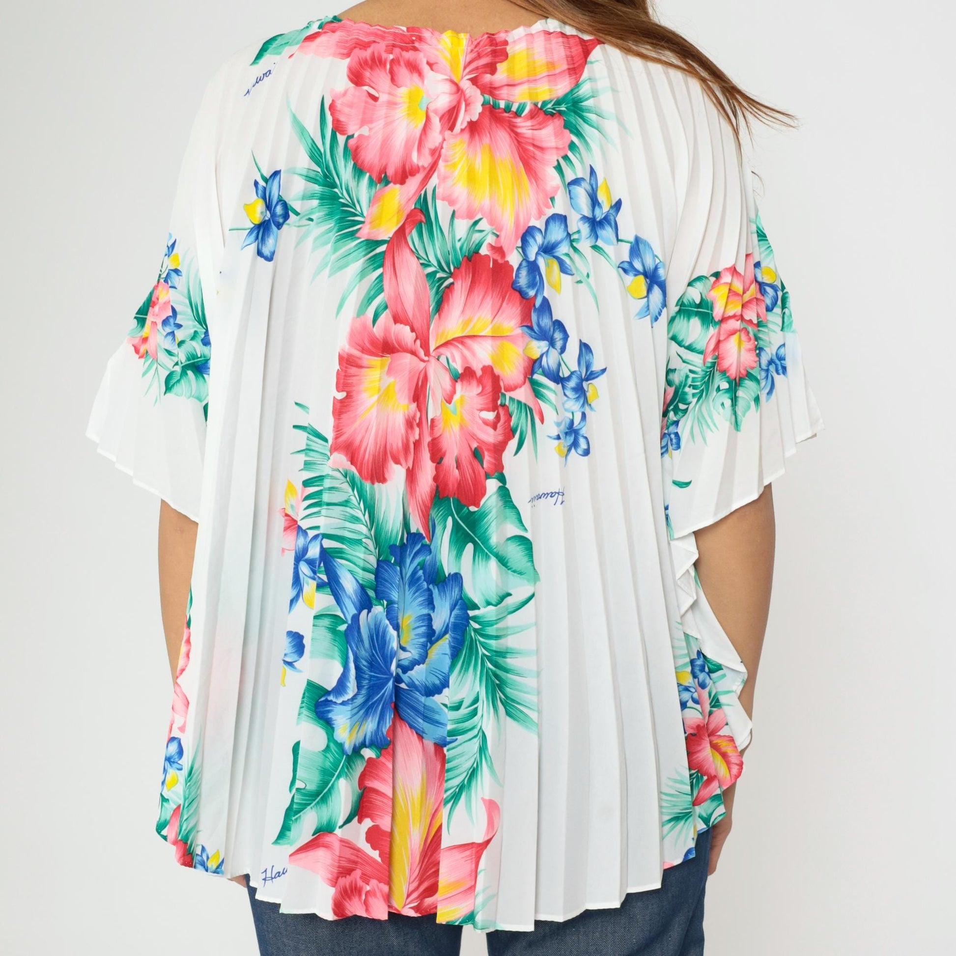 70s Royal Creations Hawaiian Caftan Top Floral Pleated Kimono One Size