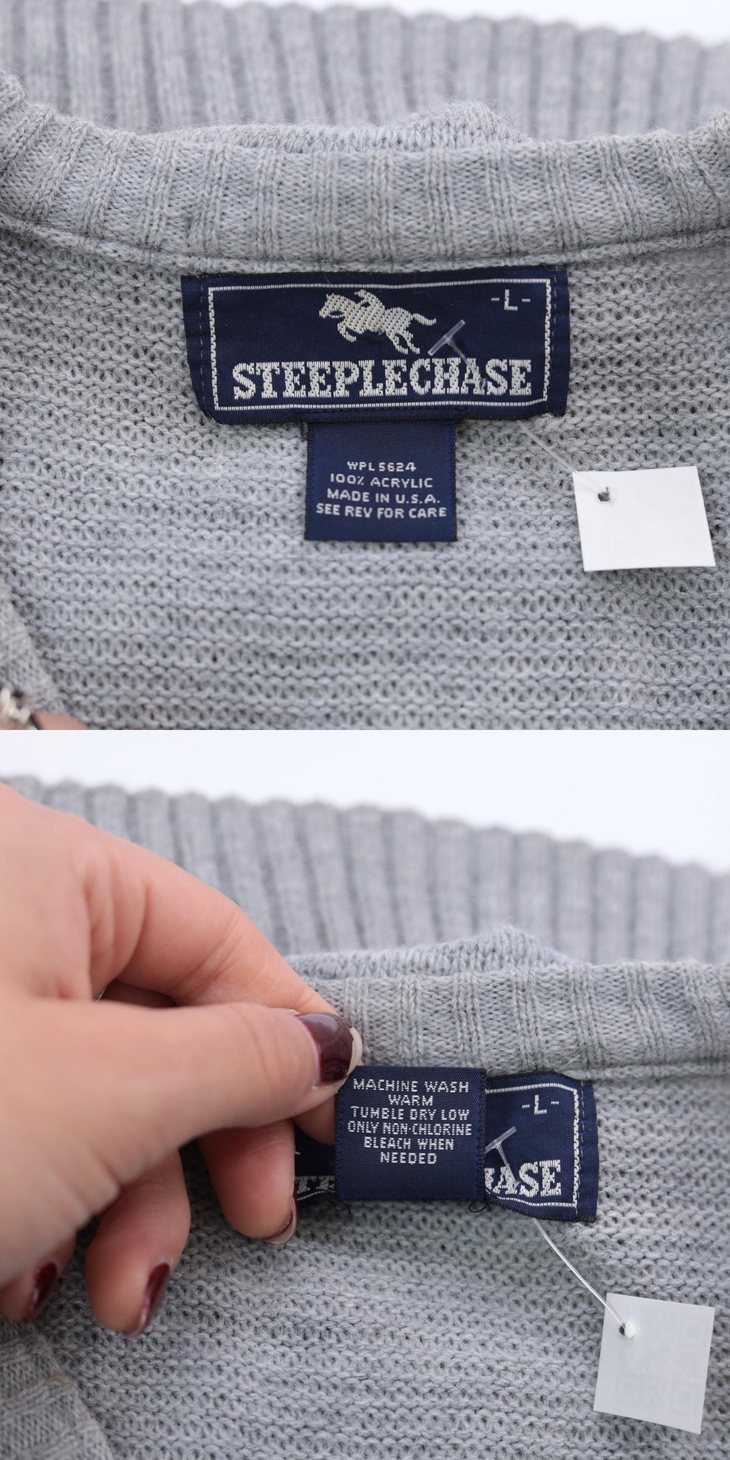 90s Steeplechase Cable Knit Vest Grey V-Neck Sleeveless Pullover Large L