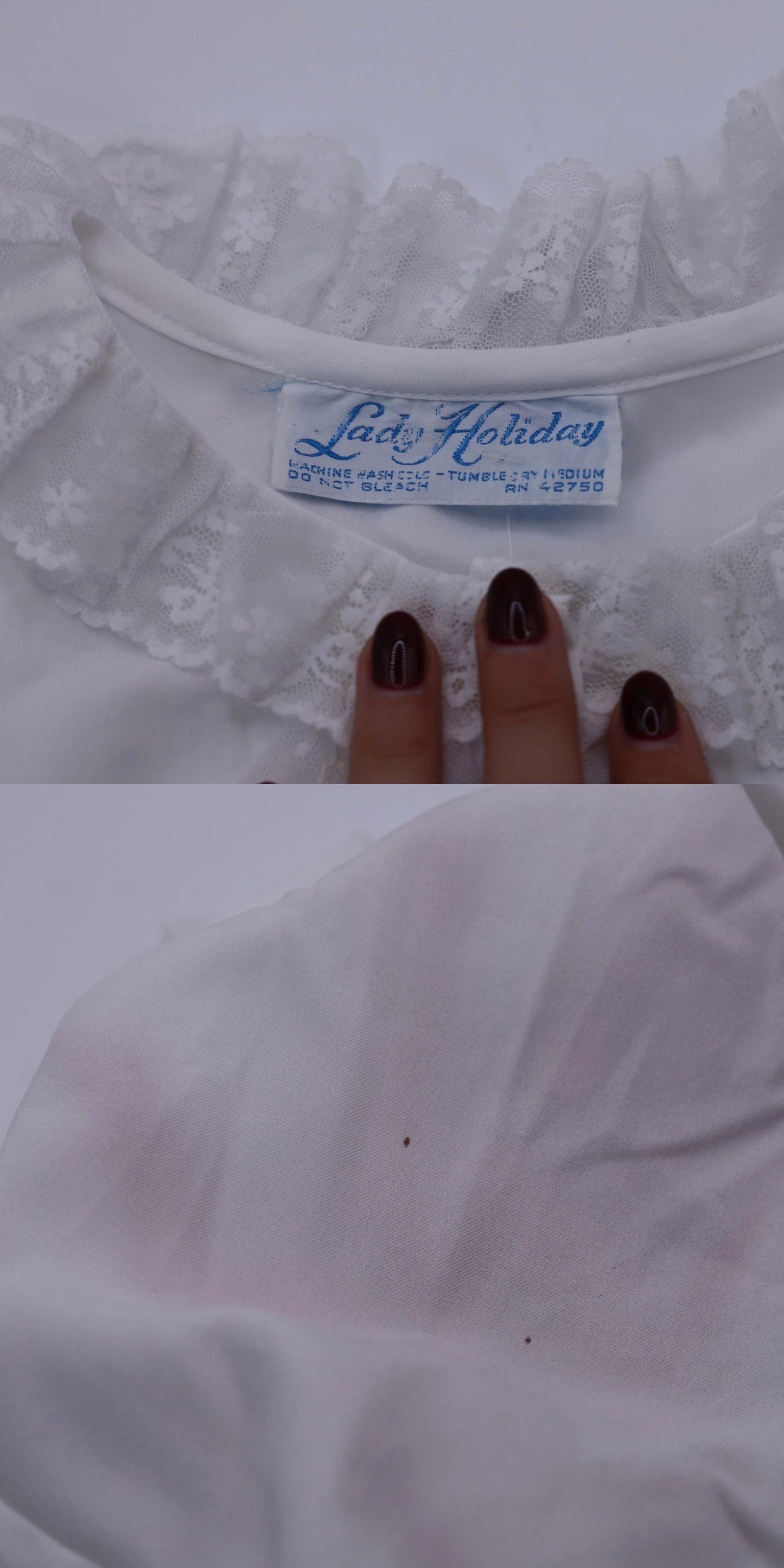 70s White Lace Jabot Blouse Long Sleeve Button Up Ruffle Neckline Medium
