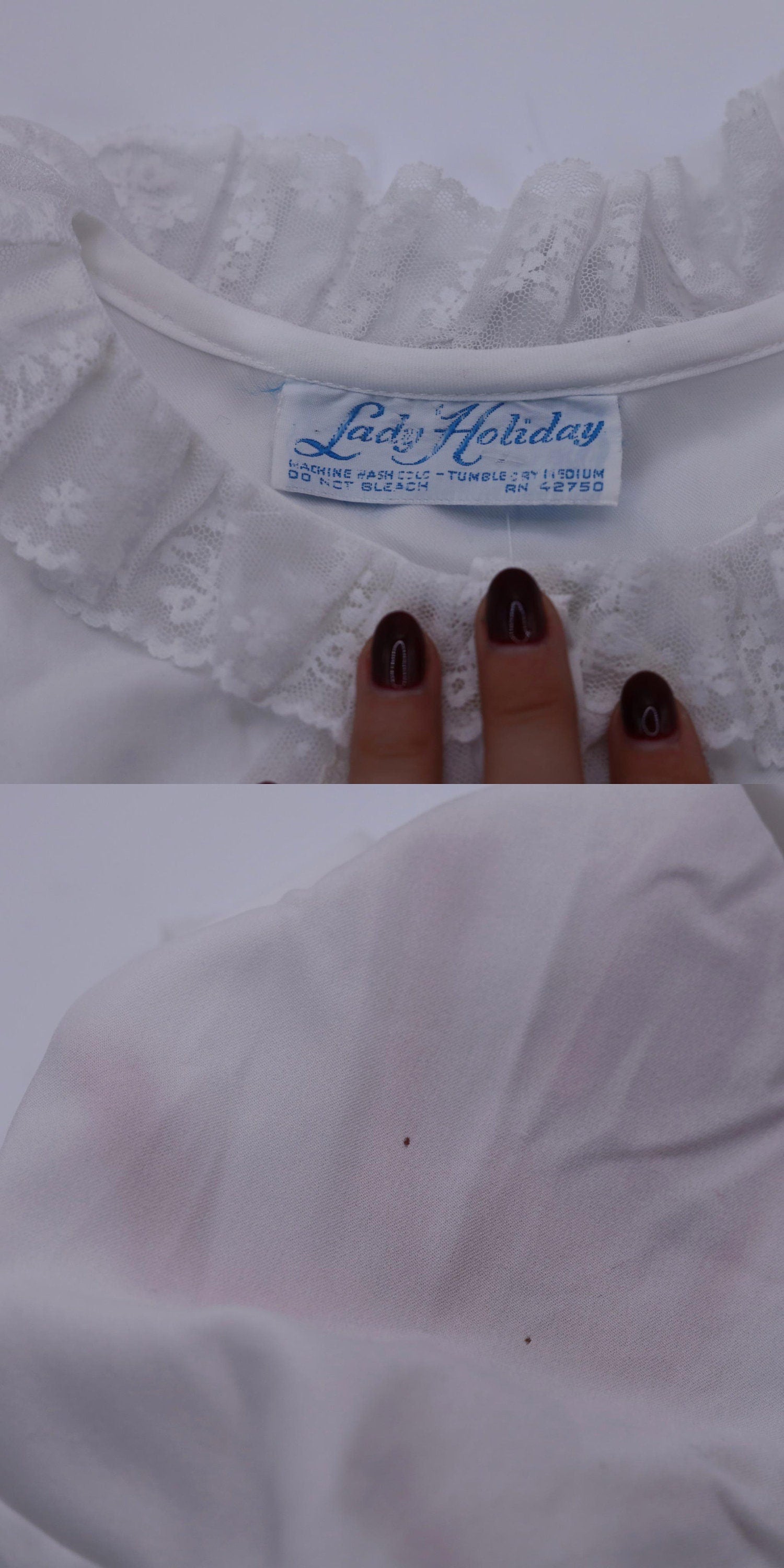 70s White Lace Jabot Blouse Long Sleeve Button Up Ruffle Neckline Medium