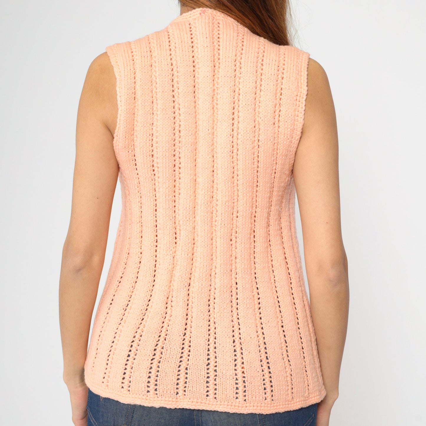 70s Peach Knit Vest Open Front Openwork Sleeveless Top Small