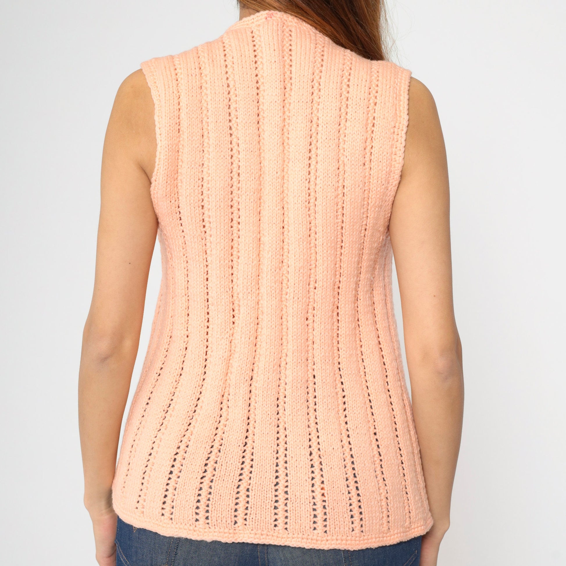 70s Peach Knit Vest Open Front Openwork Sleeveless Top Small