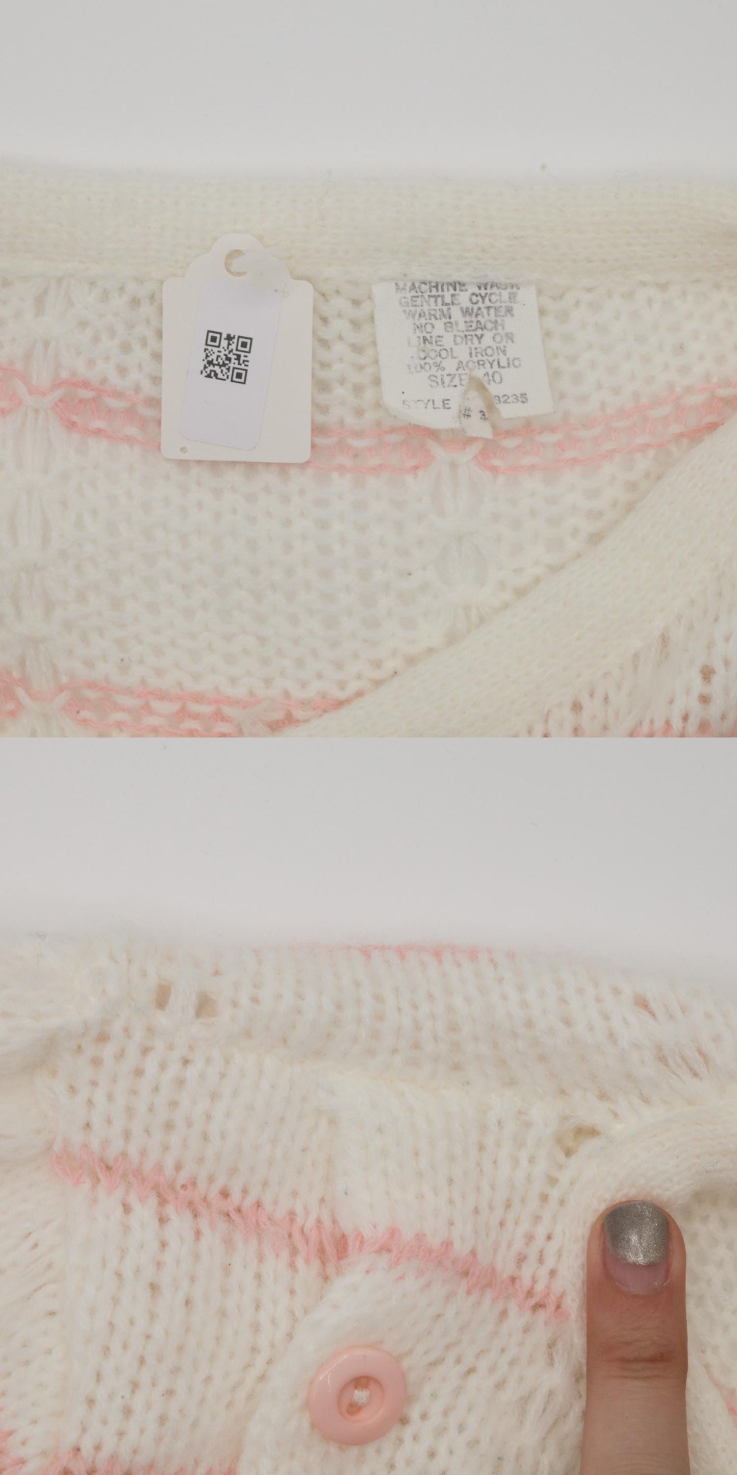 80s White Pink Striped Puff Sleeve Knit Sweater Boatneck Pullover Small Medium