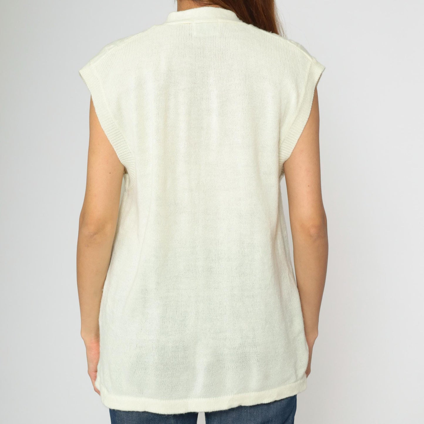 70s Cable Knit Vest Cream V-Neck Sleeveless Sweater Button-Up Large L