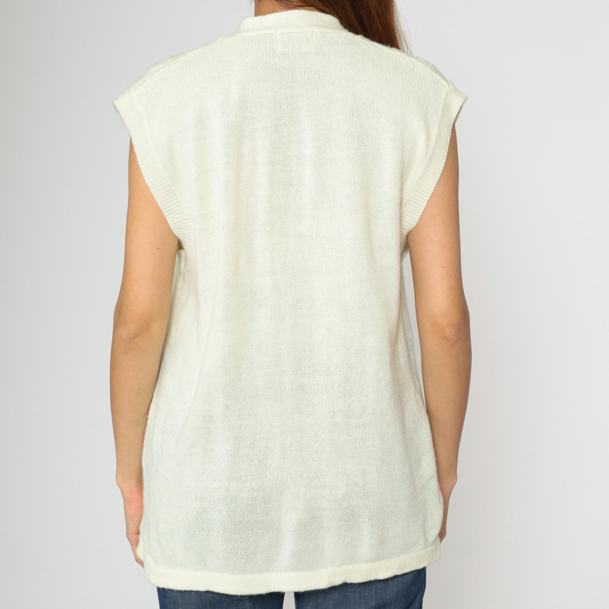 70s Cable Knit Vest Cream V-Neck Sleeveless Sweater Button-Up Large L