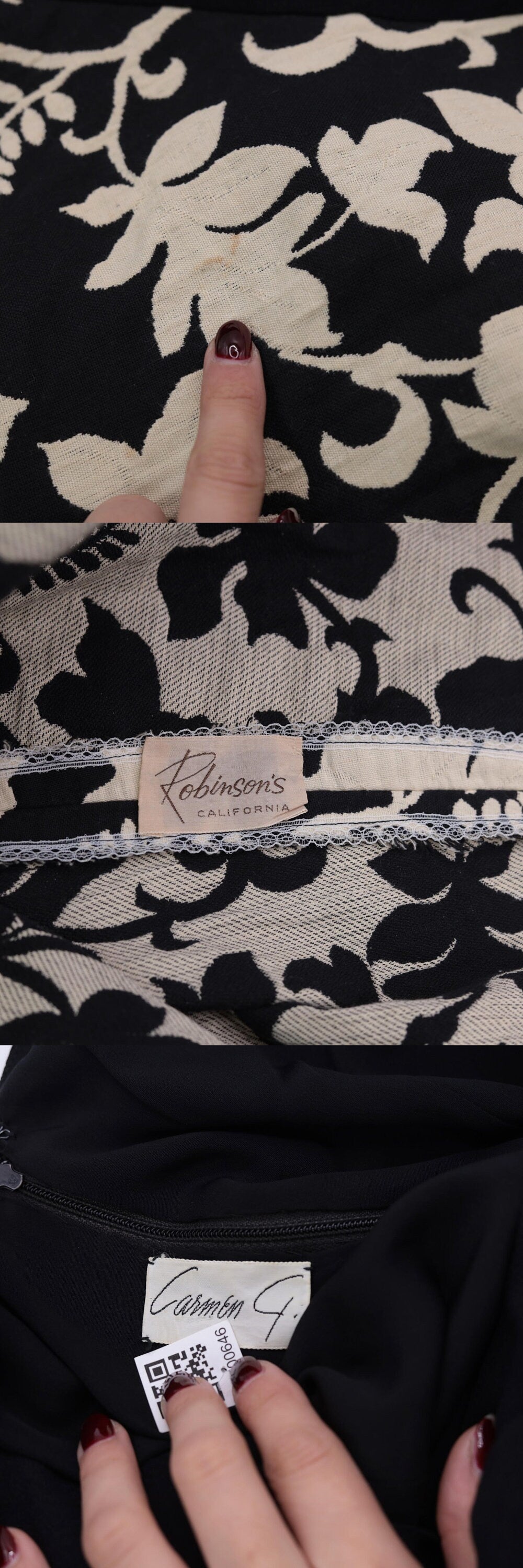 1960s Robinson's California Black Cream Floral Fit and Flare Dress V-Back Medium