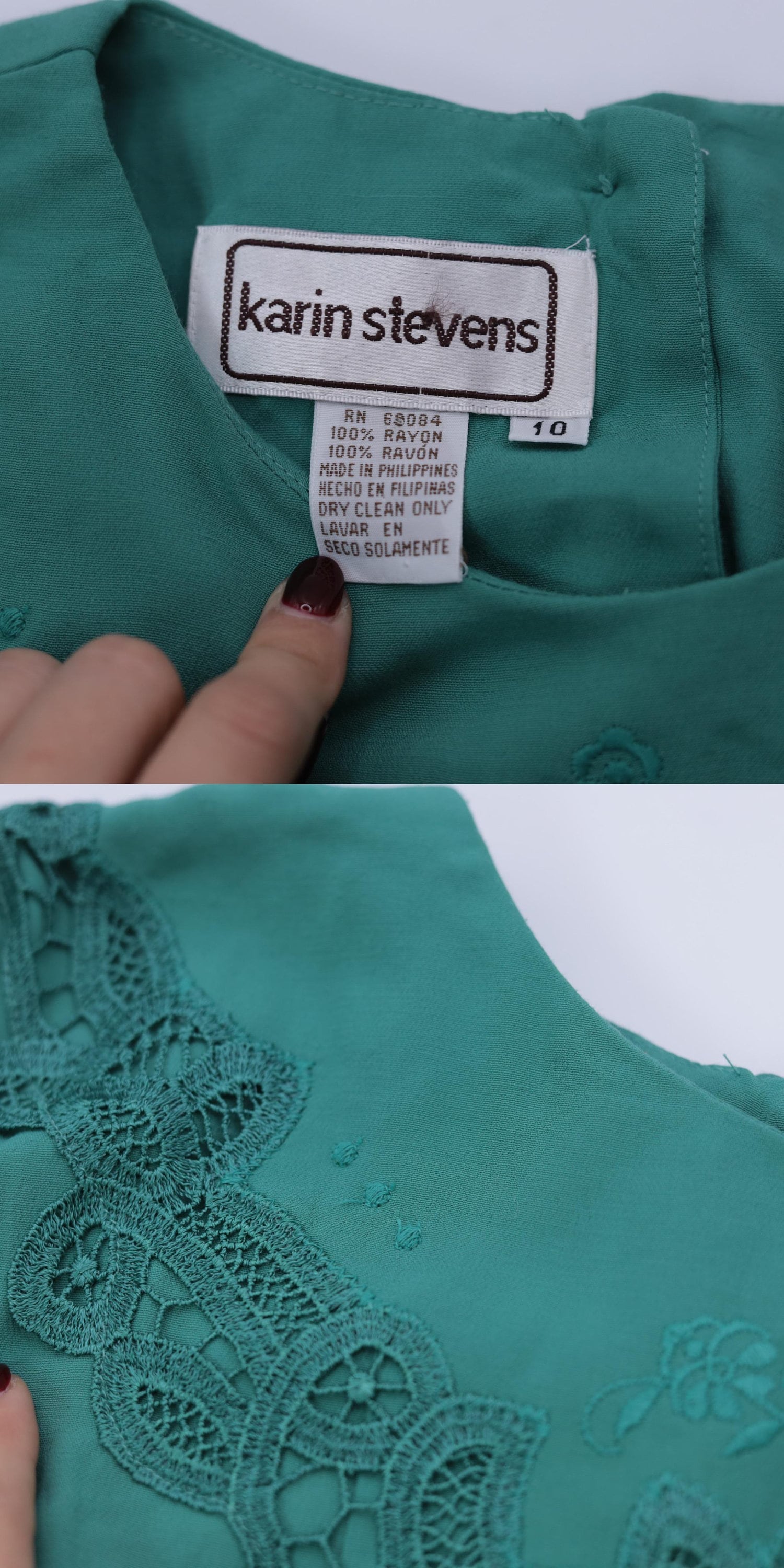 80s Karin Stevens Green Midi Dress Embroidered Lace Puff Sleeve Button Back Medium
