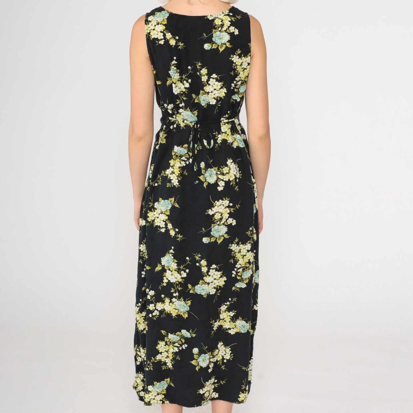 90s R&K Originals Black Floral Rayon Dress Sleeveless Ankle Length Medium