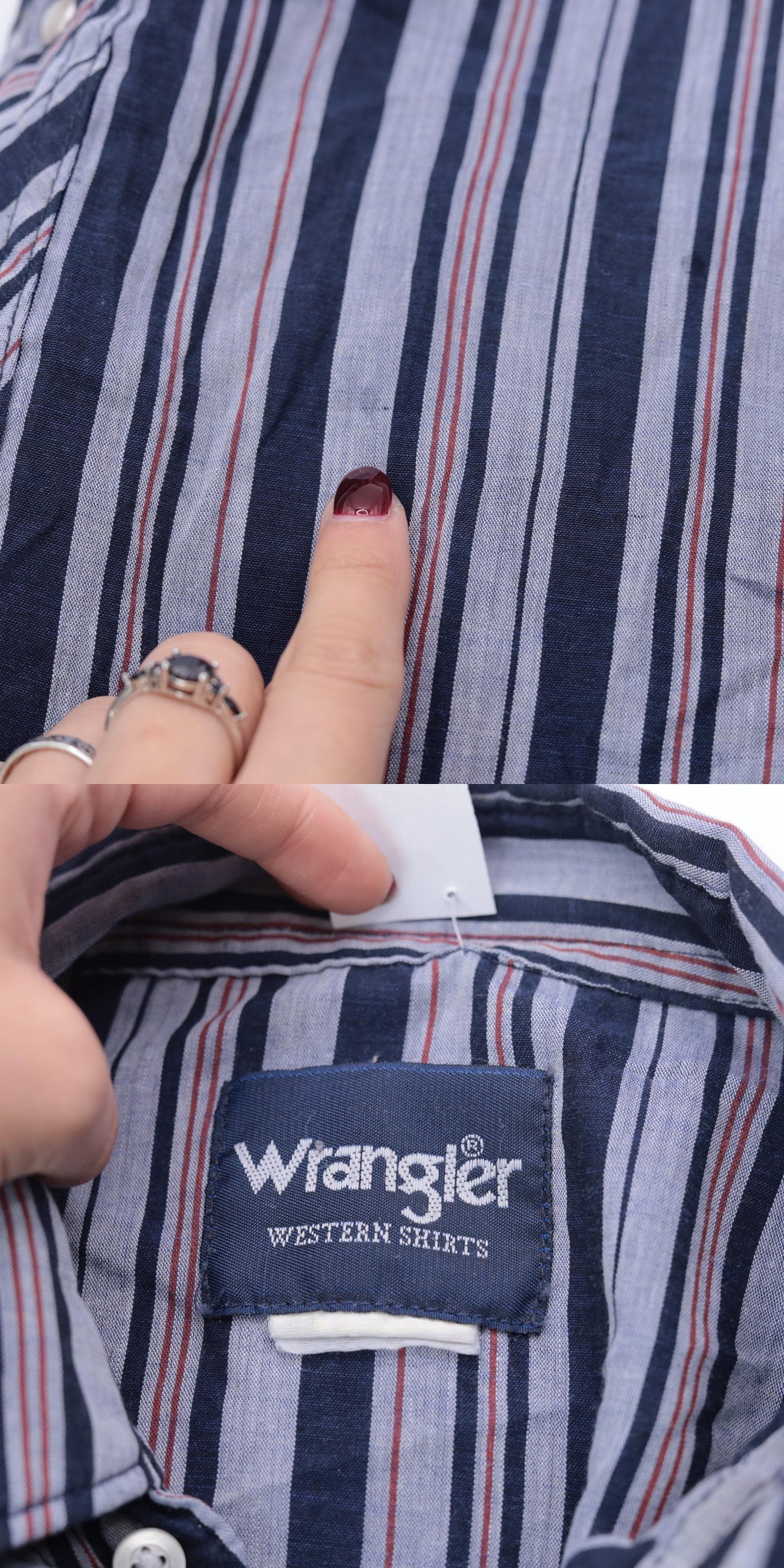 90s Wrangler Pearl Snap Western Shirt Striped Navy Red Long Sleeve Large