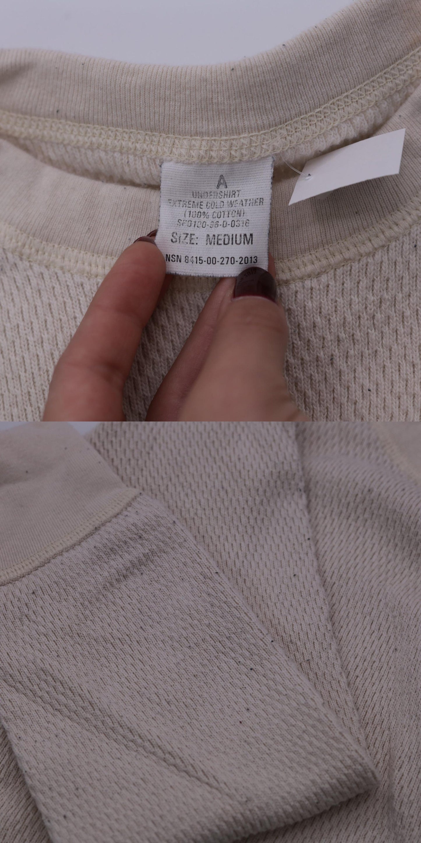 80s Cream Thermal Undershirt Long Sleeve Cotton Knit Medium M