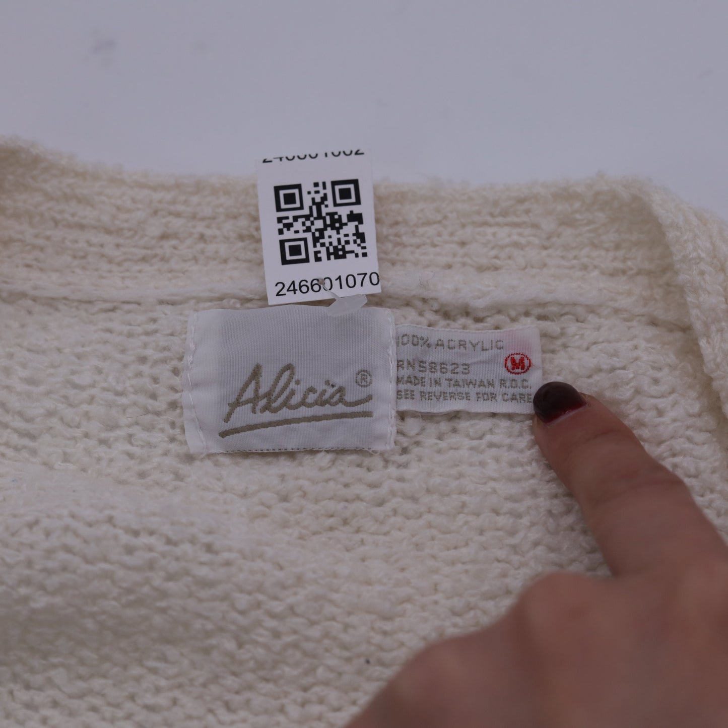 80s Off-White Cardigan Button-Up Knit Sweater V-Neck Pockets Medium