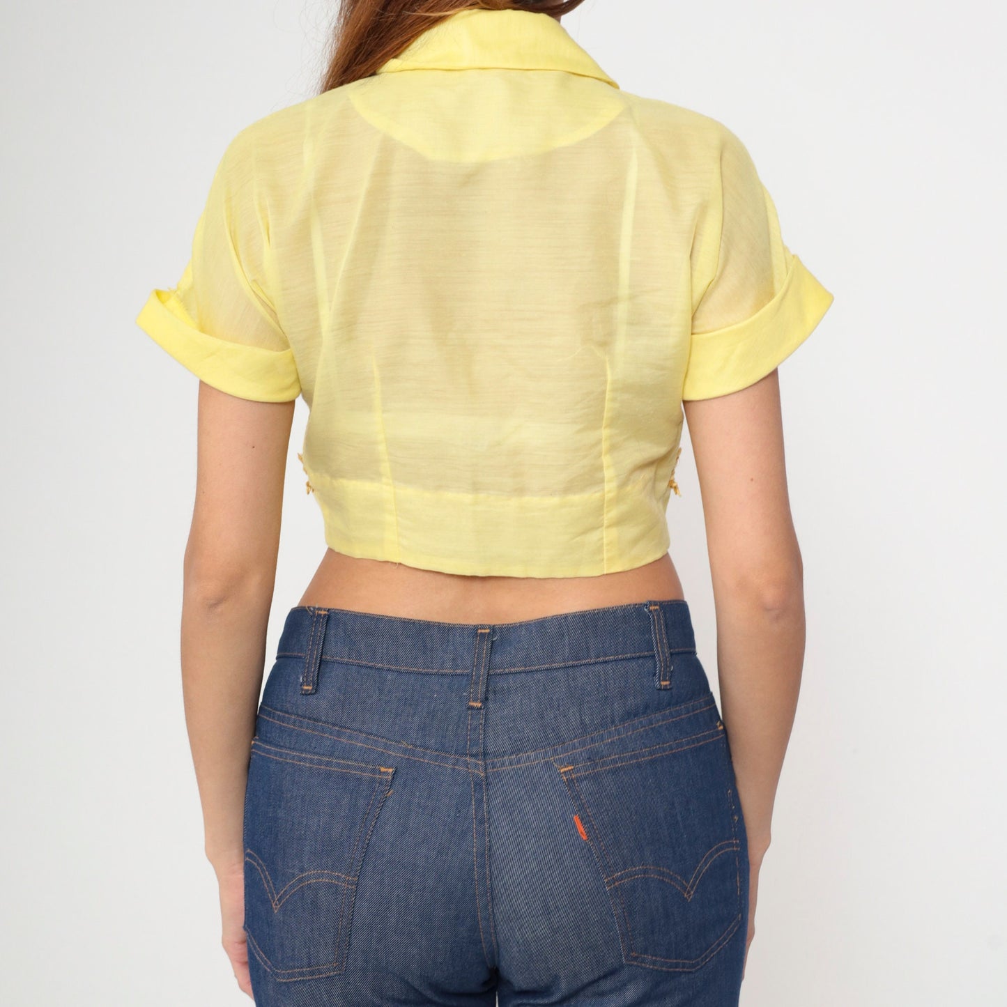 60s Yellow Bolero Jacket Floral Embroidery Peter Pan Collar Cropped Small S