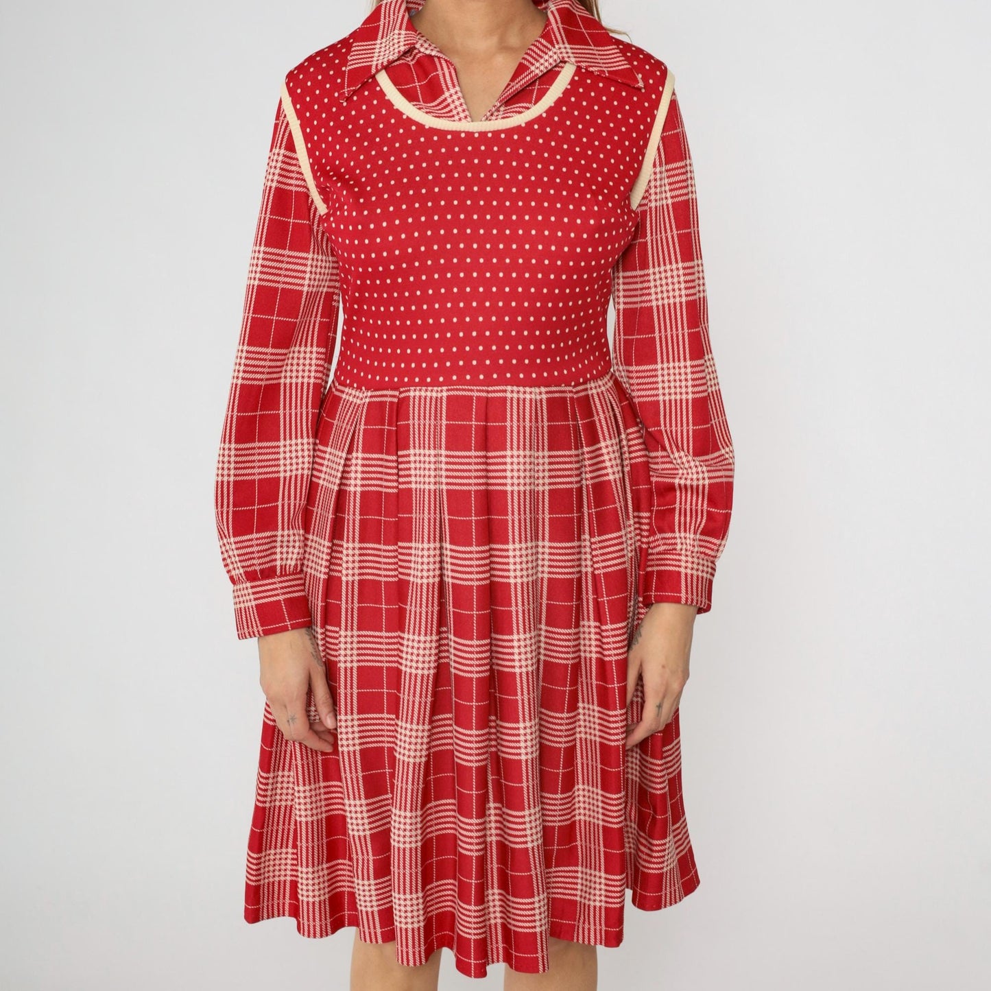 70s Plaid Polka Dot Dress Red High Waist Pleated Vest Midi Medium