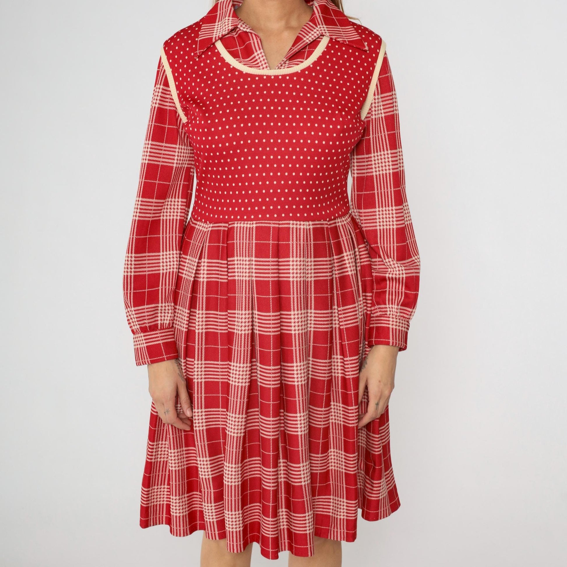 70s Plaid Polka Dot Dress Red High Waist Pleated Vest Midi Medium