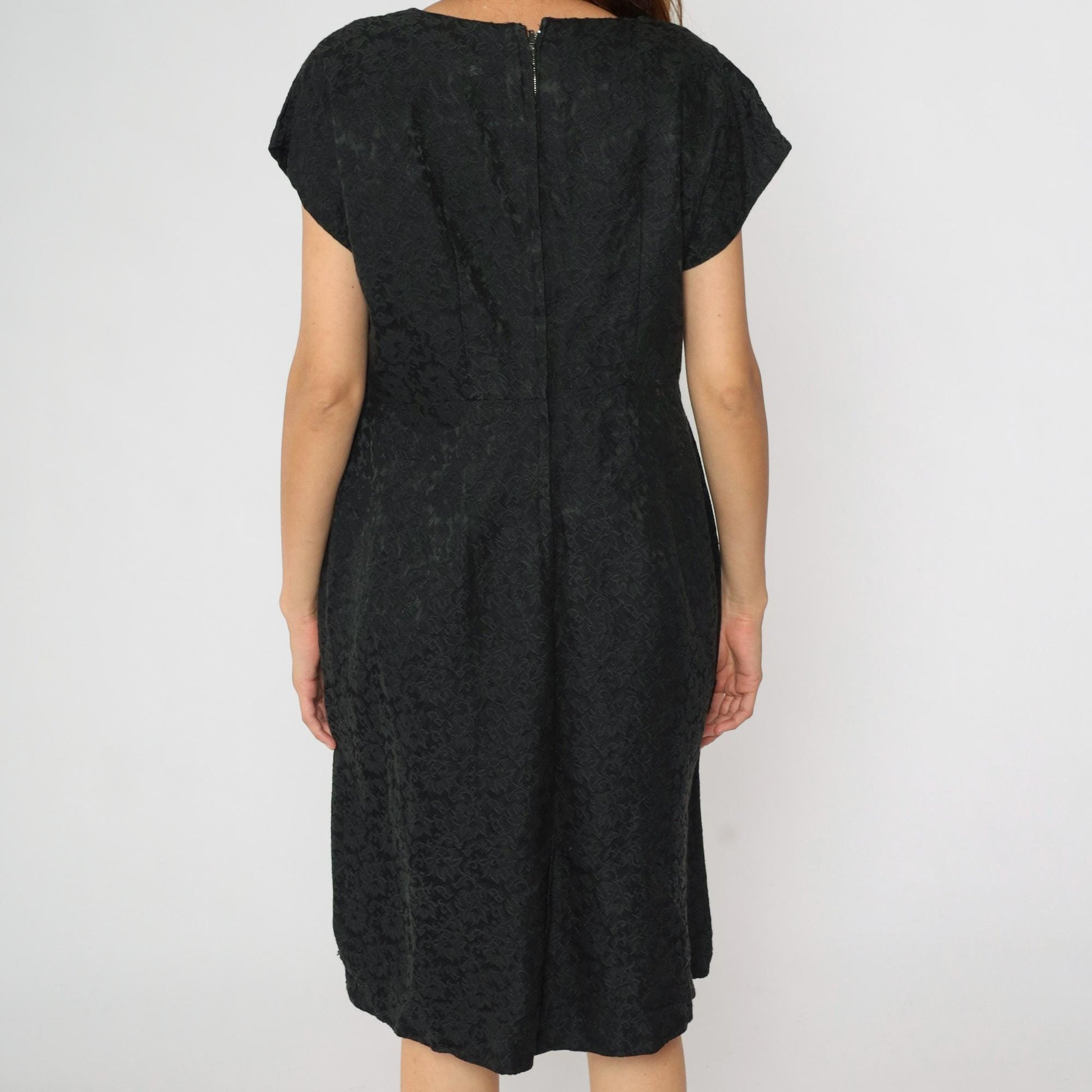 60s Black Brocade Sheath Dress Floral Cap Sleeve Midi Large L
