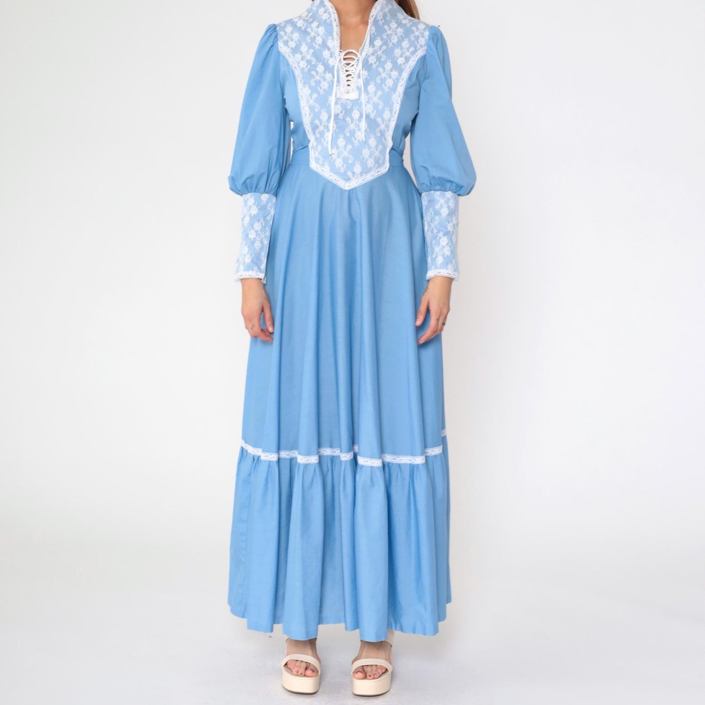 70s Blue Prairie Maxi Dress Lace Bib Puff Sleeve Lace-Up Small