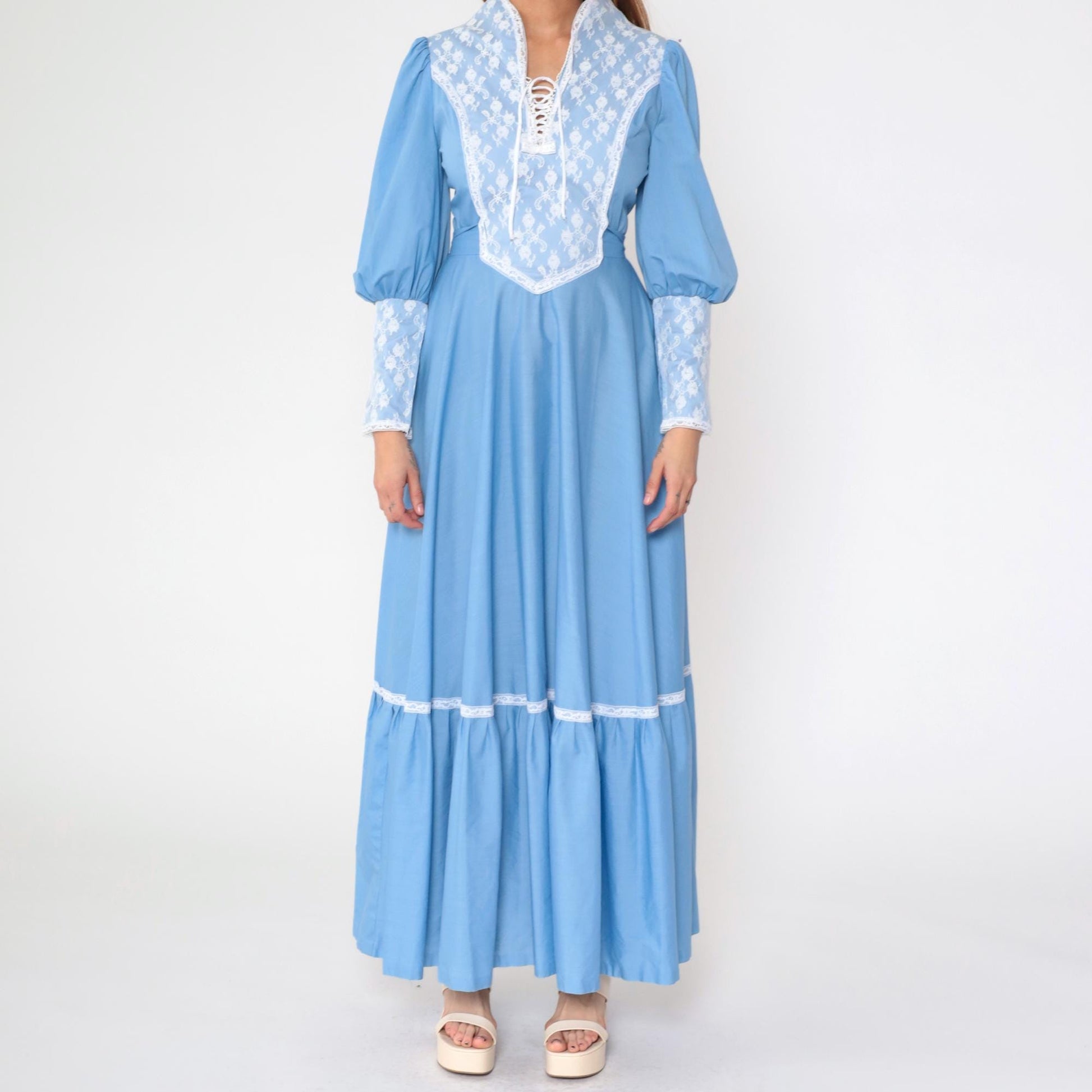 70s Blue Prairie Maxi Dress Lace Bib Puff Sleeve Lace-Up Small
