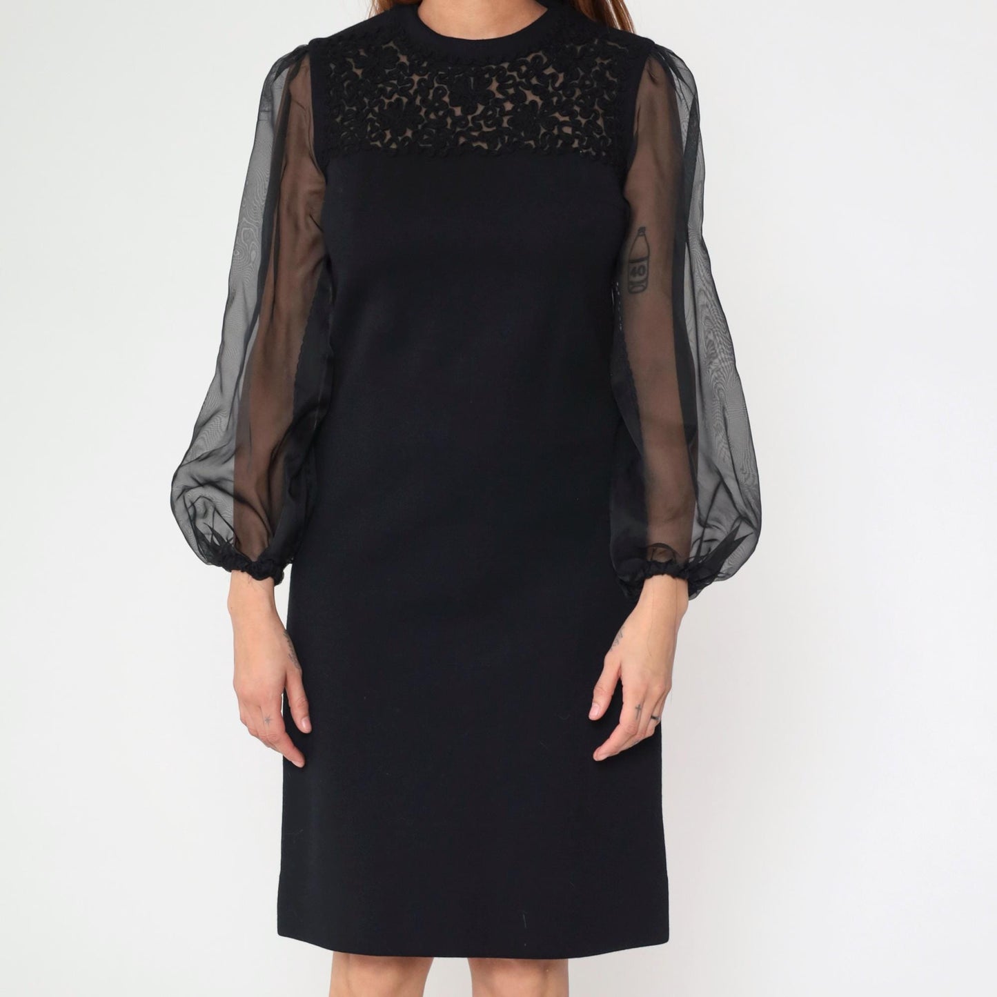 60s R & K Knits Black Sheath Dress Soutache Organza Sleeves Small