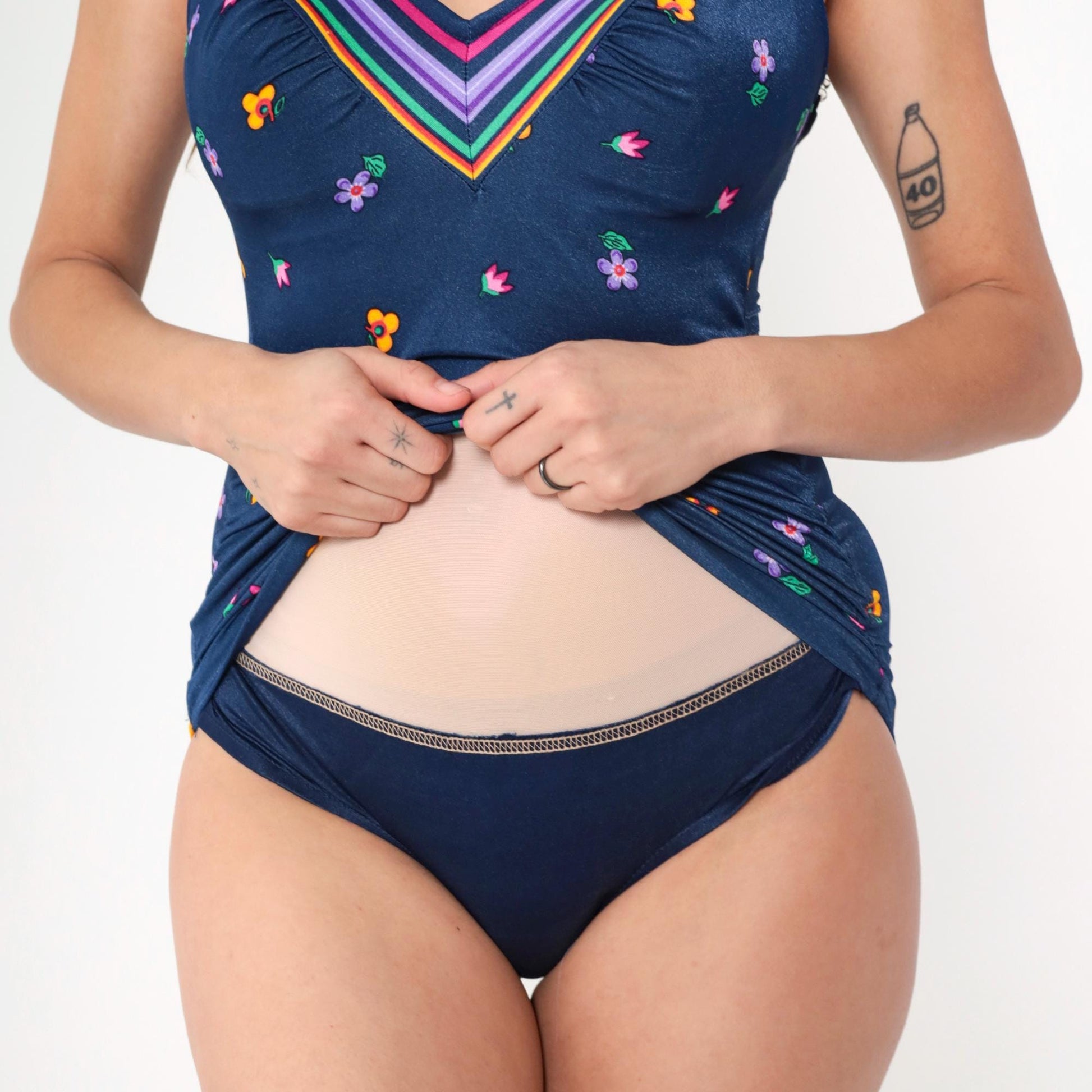 80s Navy Floral Swimsuit & Maxi Wrap Skirt Set V-Neck Boyleg One-Piece Medium 8