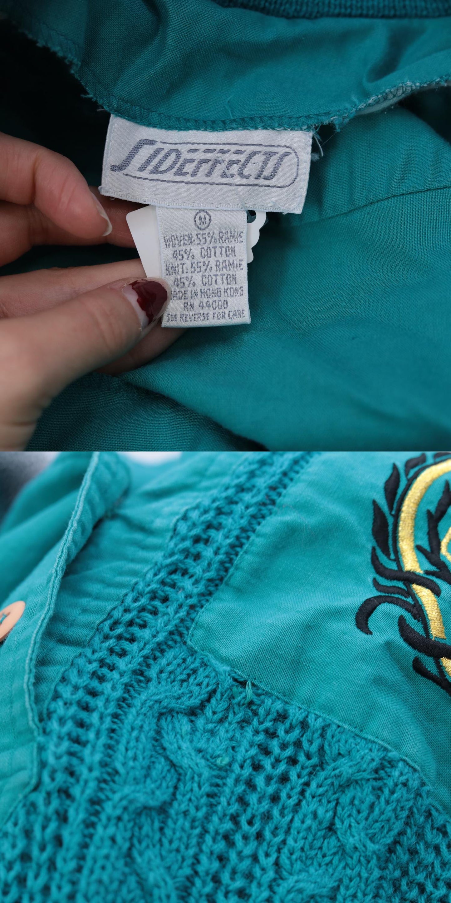 90s Teal Cable Knit Sweater Blouse Chest Pocket Ramie Cotton Medium