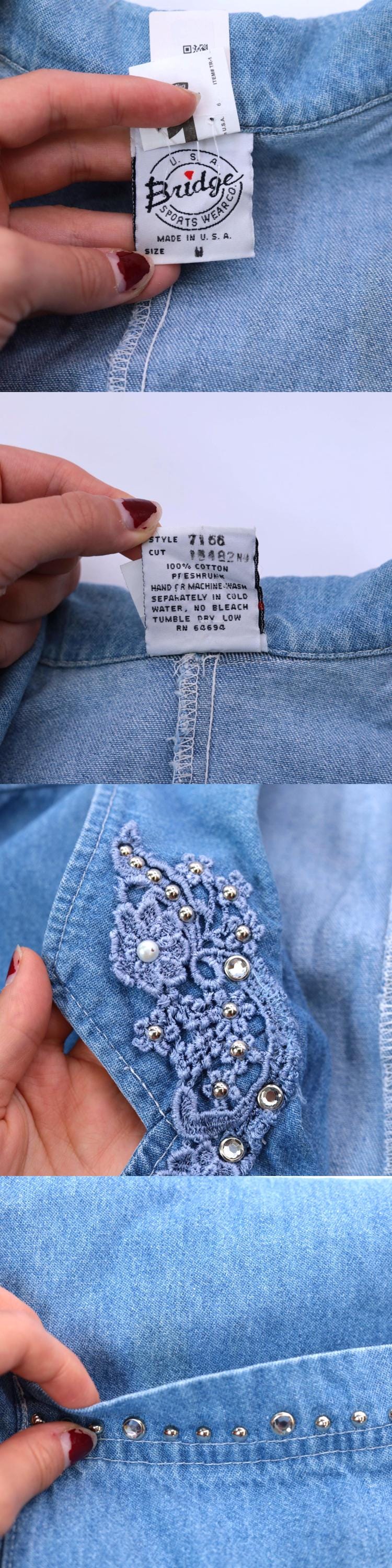 90s Bridge Sportswear Denim Blazer Blue Studded Rhinestone Lace Medium