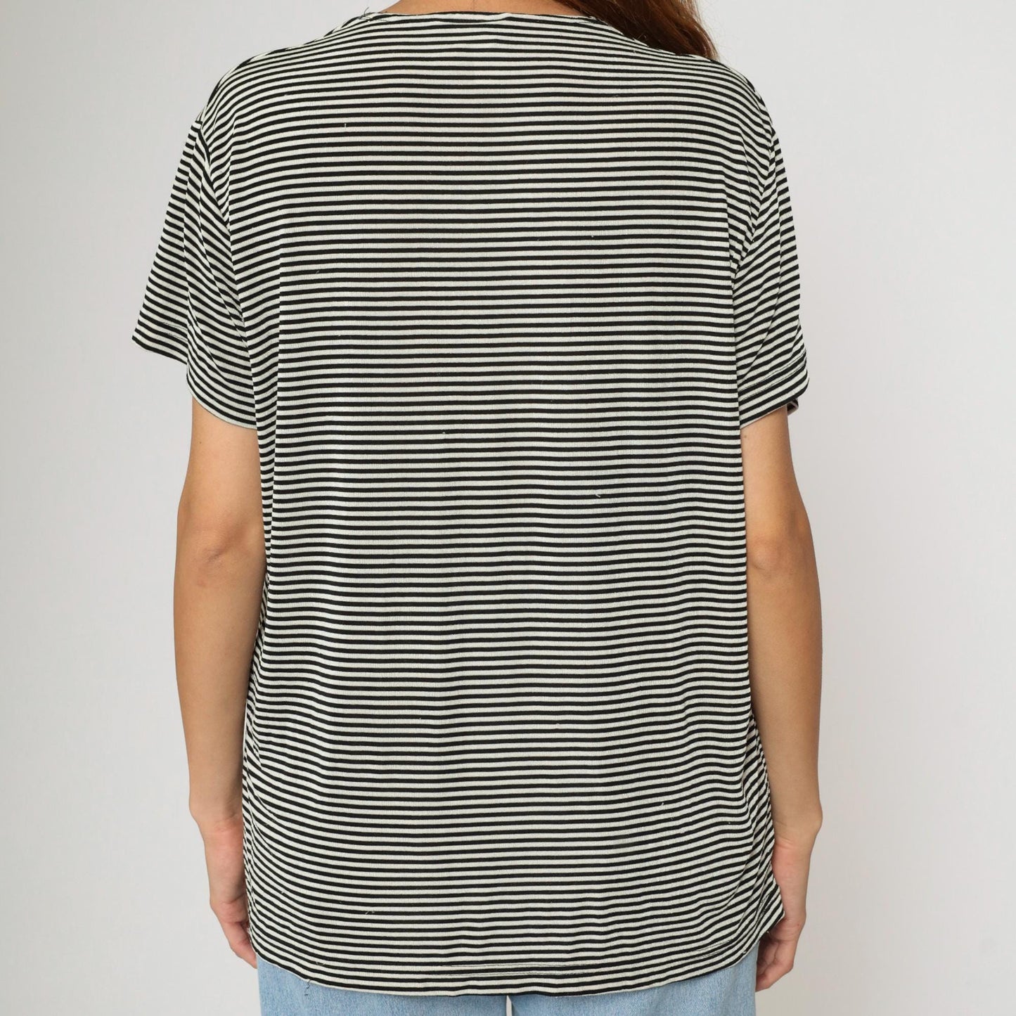 90s Black White Striped Scoop Neck Top Short Sleeve Plus Size XXL