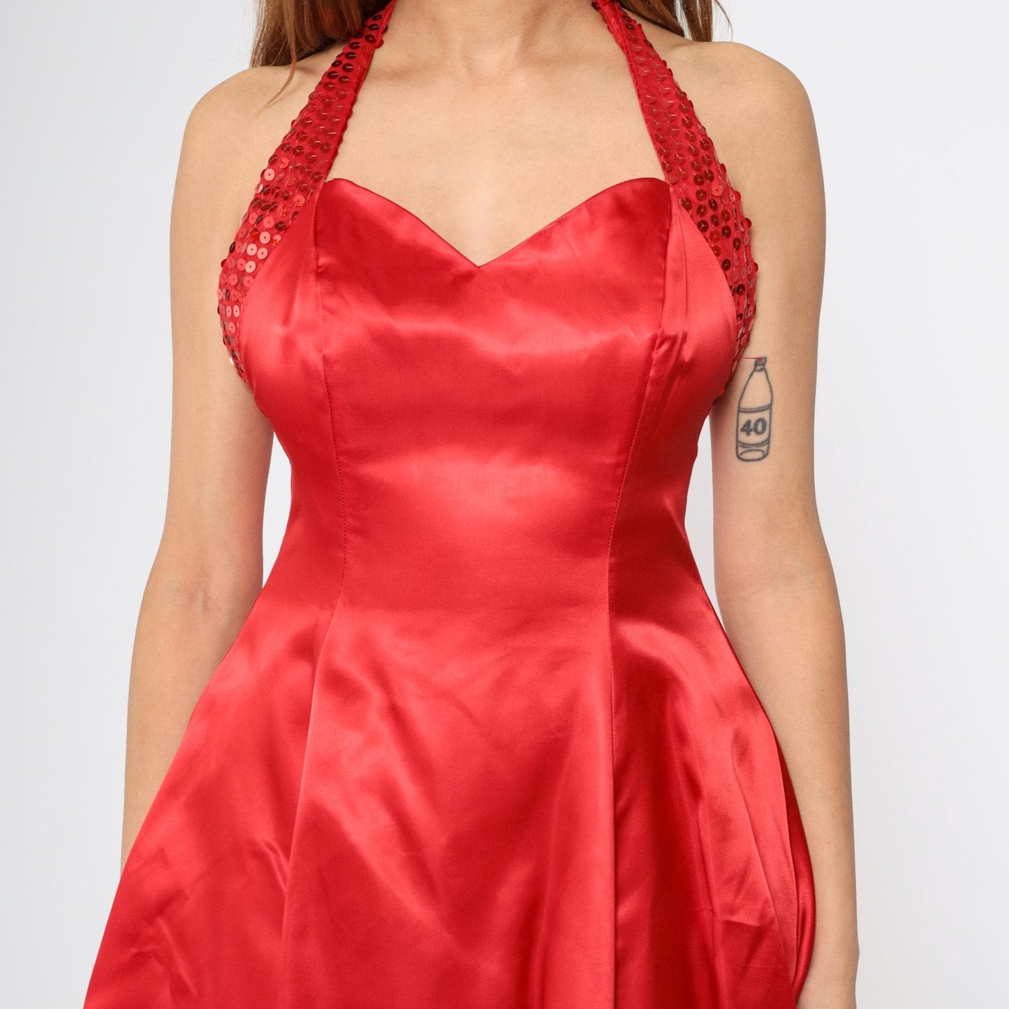 90s Zum Zum Red Satin Sequin Mini Halter Dress Open Back Medium