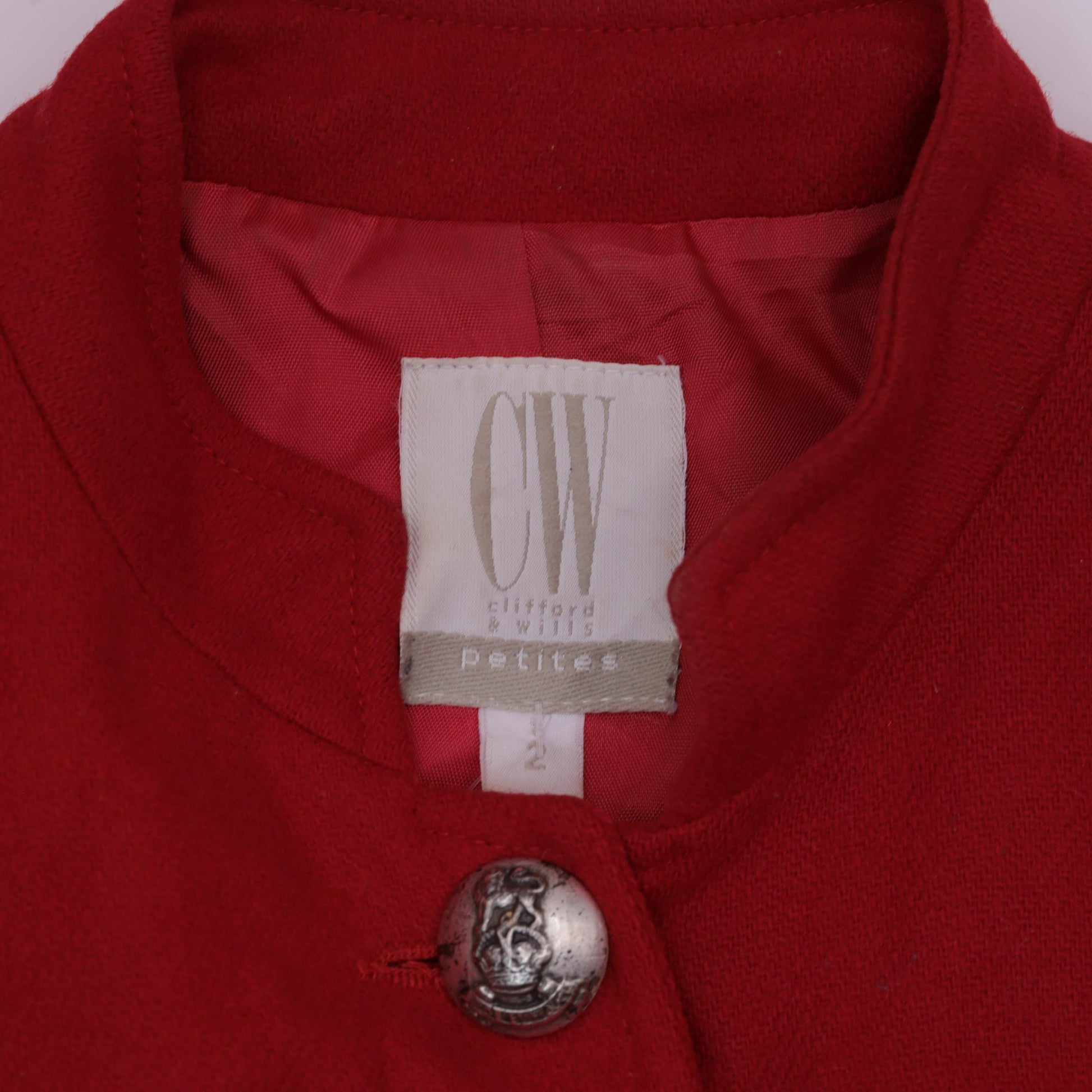 90s Red Wool Blazer Mandarin Collar Tailored Jacket Extra Small