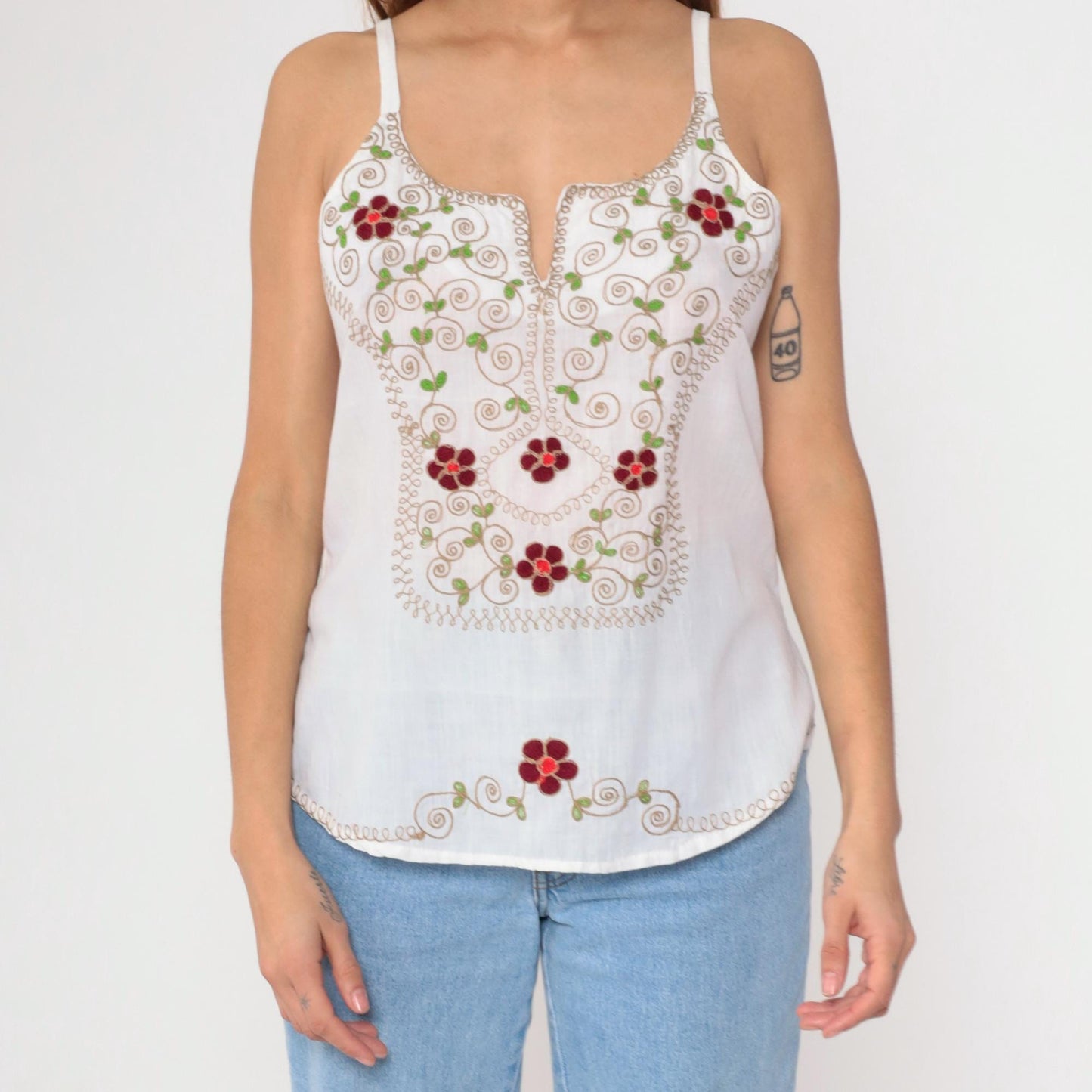 90s White Floral Embroidered Tank Top Spaghetti Strap Split Neck Small Medium